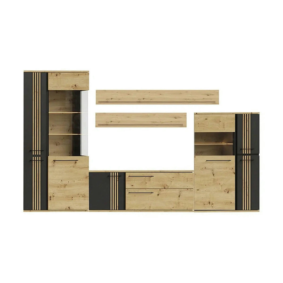 Mobilier living MOLTO A, stejar artisan/negru, PAL/sticla, cu iluminare LED, 5 piese, 336x37x195 cm