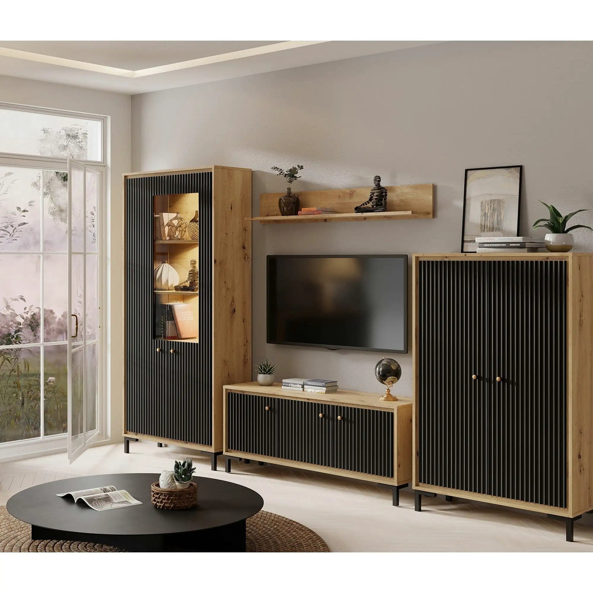 Mobilier living PARII A, negru/stejar artisan, PAL/sticla, cu iluminare LED, 4 piese, 308x37x196 cm