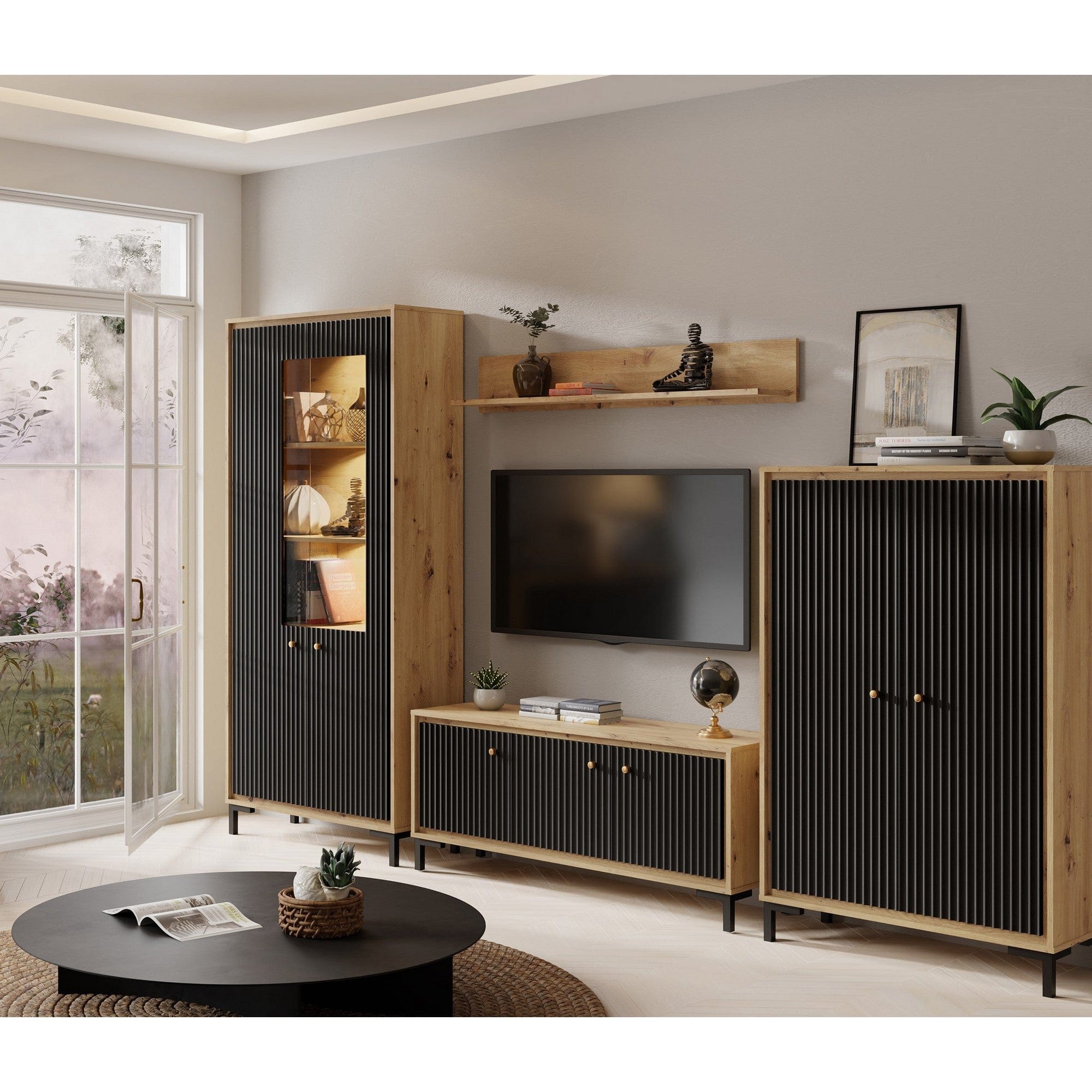 Mobilier living PARII A, negru/stejar artisan, PAL/sticla, cu iluminare LED, 4 piese, 308x37x196 cm