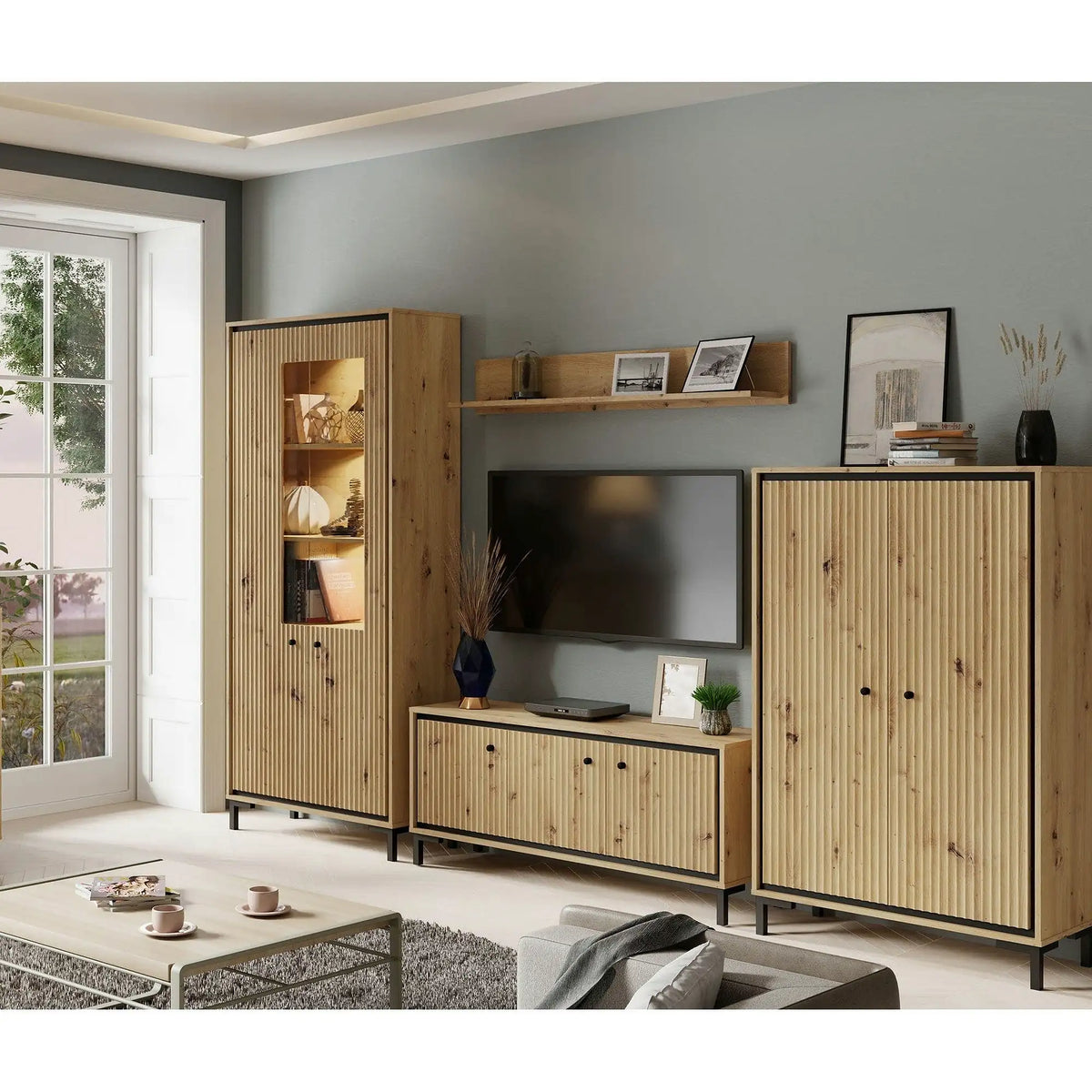 Mobilier living PARII A, stejar artisan, PAL/sticla, cu iluminare LED, 4 piese, 308x37x196 cm