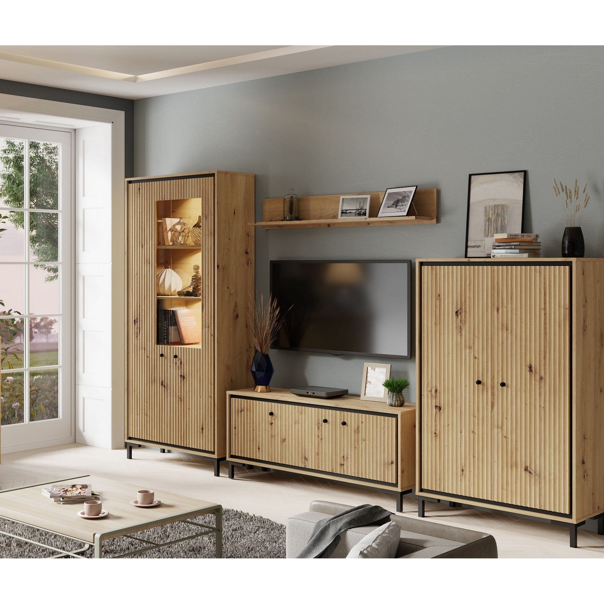 Mobilier living PARII A, stejar artisan, PAL/sticla, cu iluminare LED, 4 piese, 308x37x196 cm