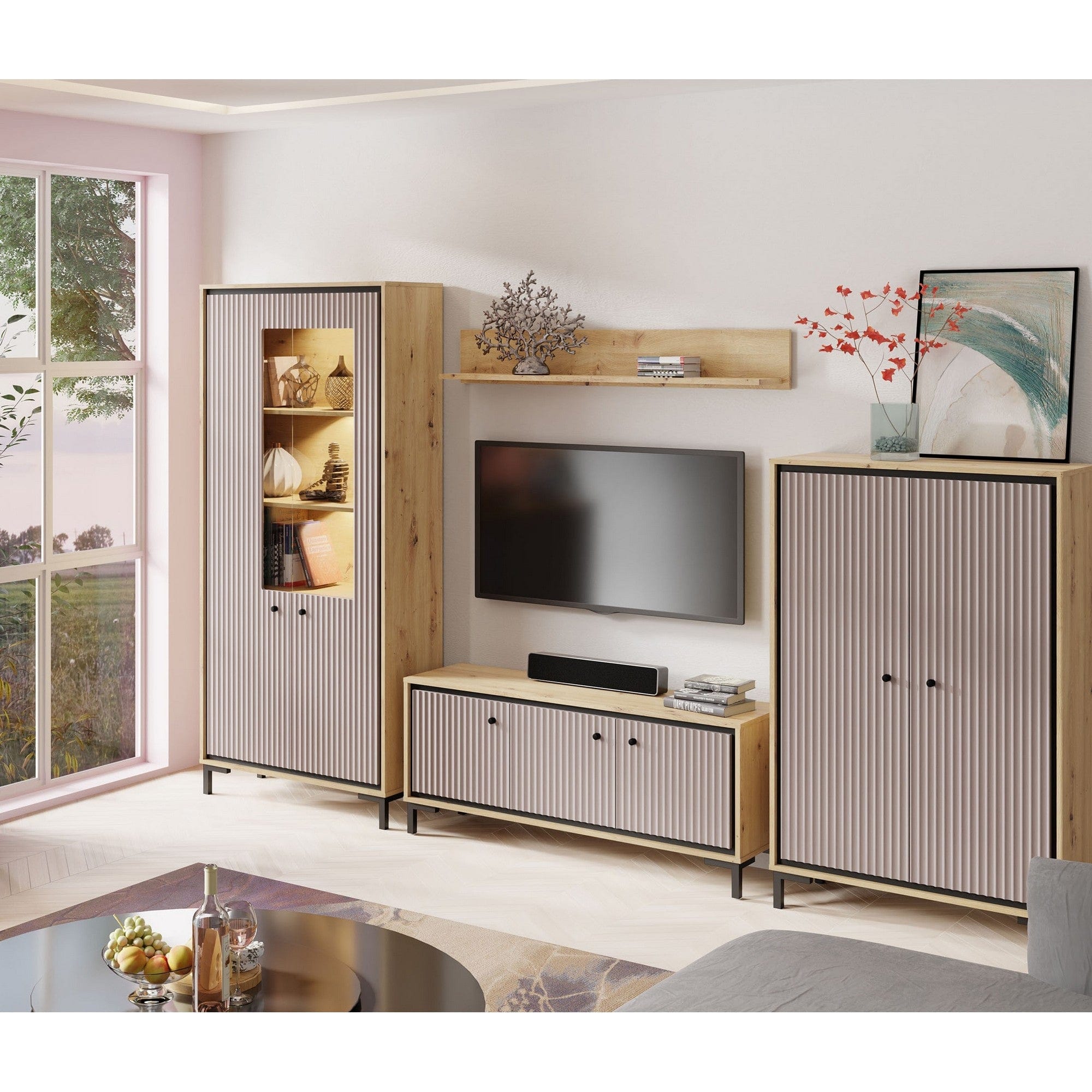 Mobilier living PARII A, stejar artisan/roz deschis, PAL/sticla, cu iluminare LED, 4 piese, 308x37x196 cm