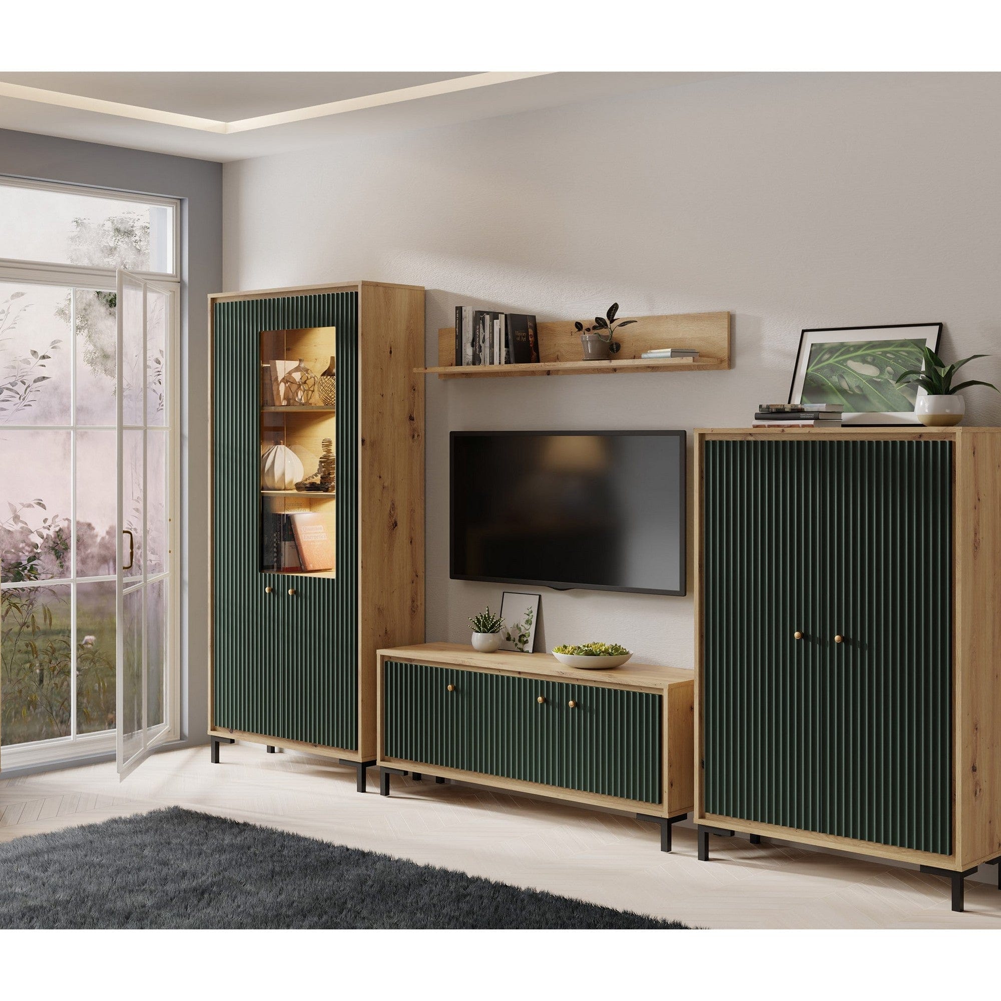 Mobilier living PARII A, stejar artisan/verde, PAL/sticla, cu iluminare LED, 4 piese, 308x37x196 cm