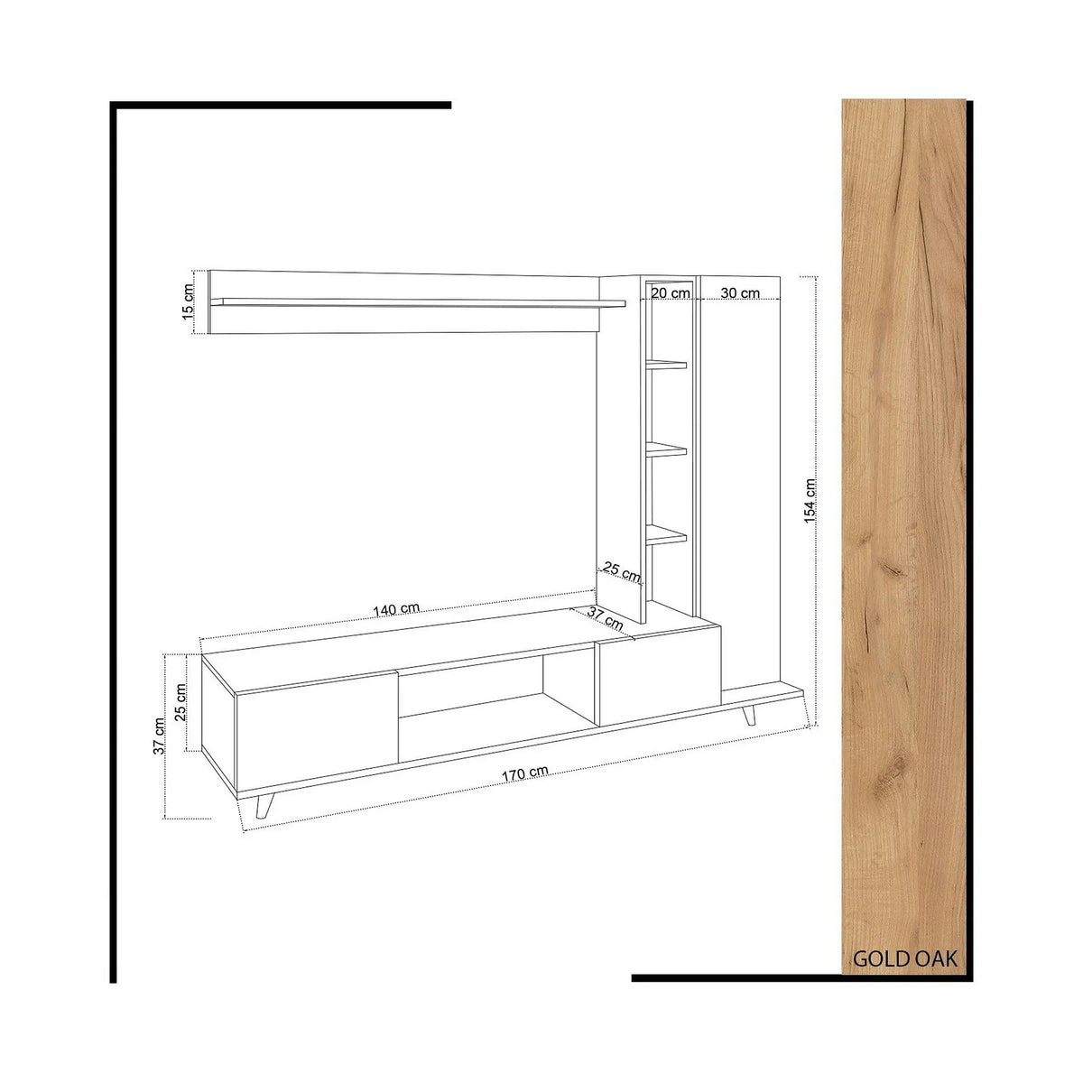 Mobilier living RAMBUTY, alb/stejar, PAL melaminat, 3 piese, 170x37x154 cm