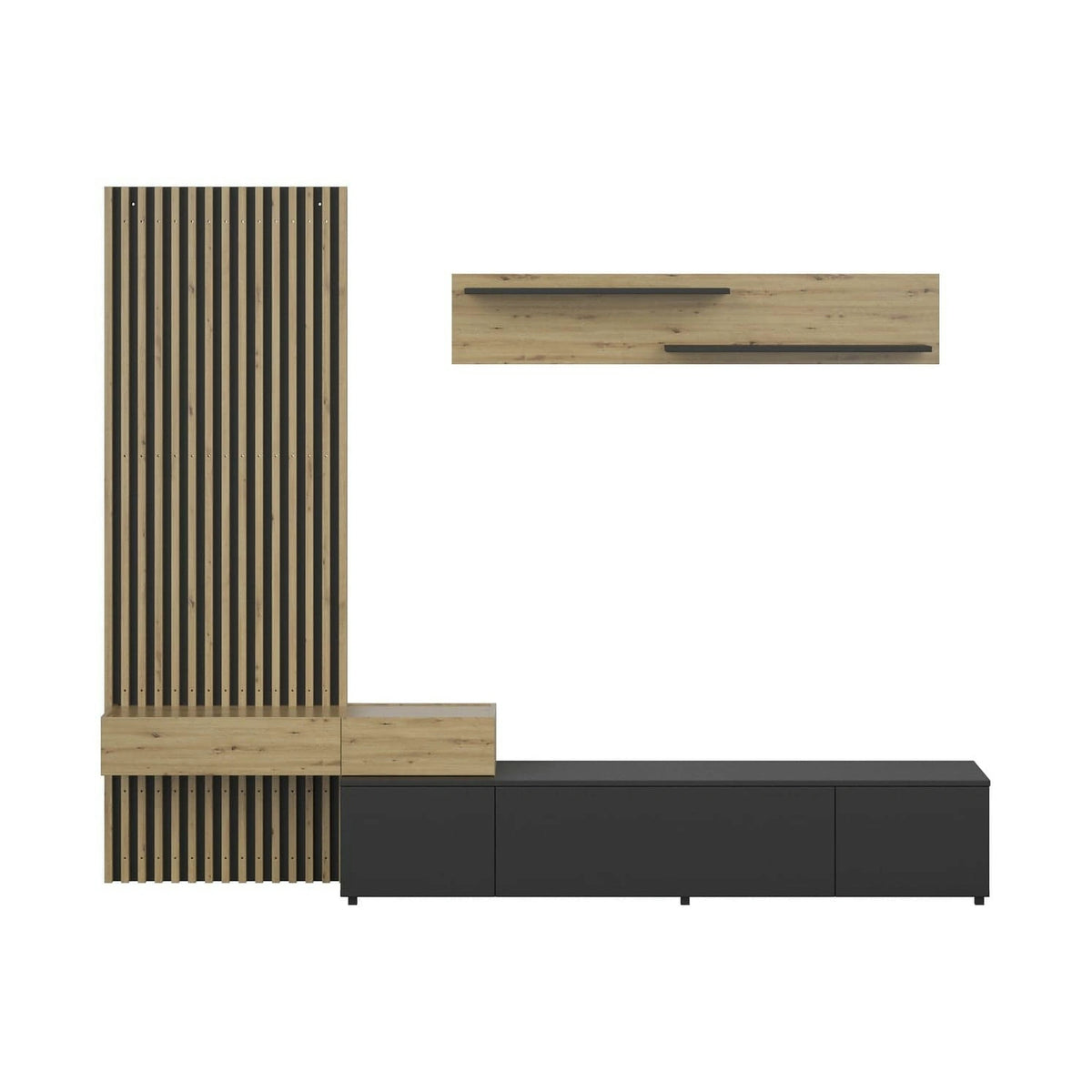 Mobilier living REBECA PLUS, stejar artisan/negru, PAL, 250x43x200 cm
