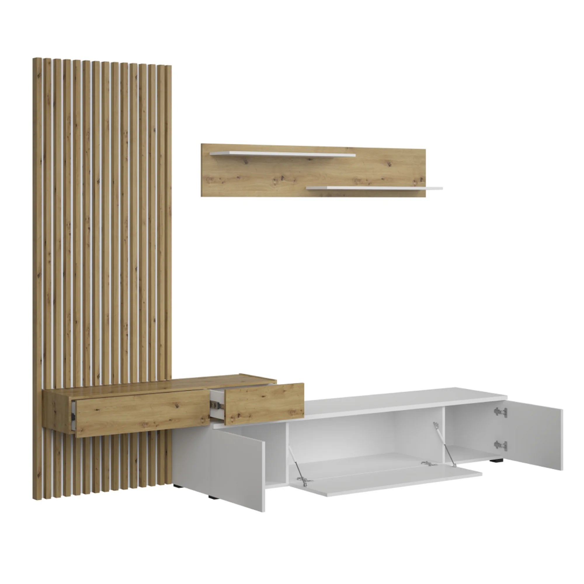 Mobilier living REBEKA, stejar artisan/alb, PAL melaminat, 4 piese, 250x42x200 cm