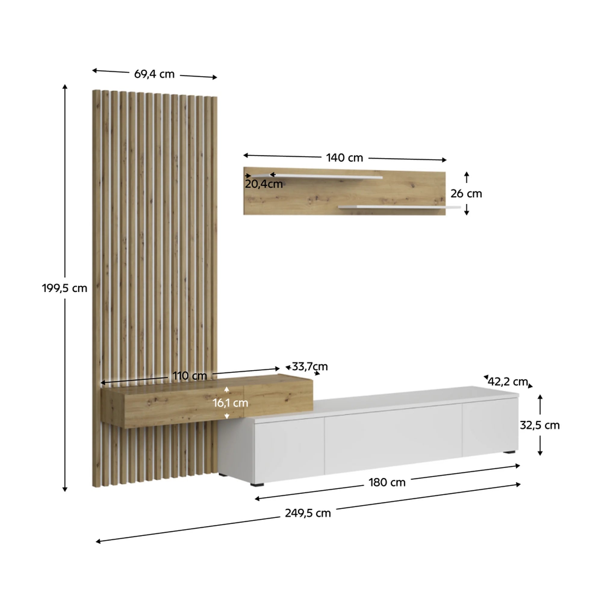 Mobilier living REBEKA, stejar artisan/alb, PAL melaminat, 4 piese, 250x42x200 cm