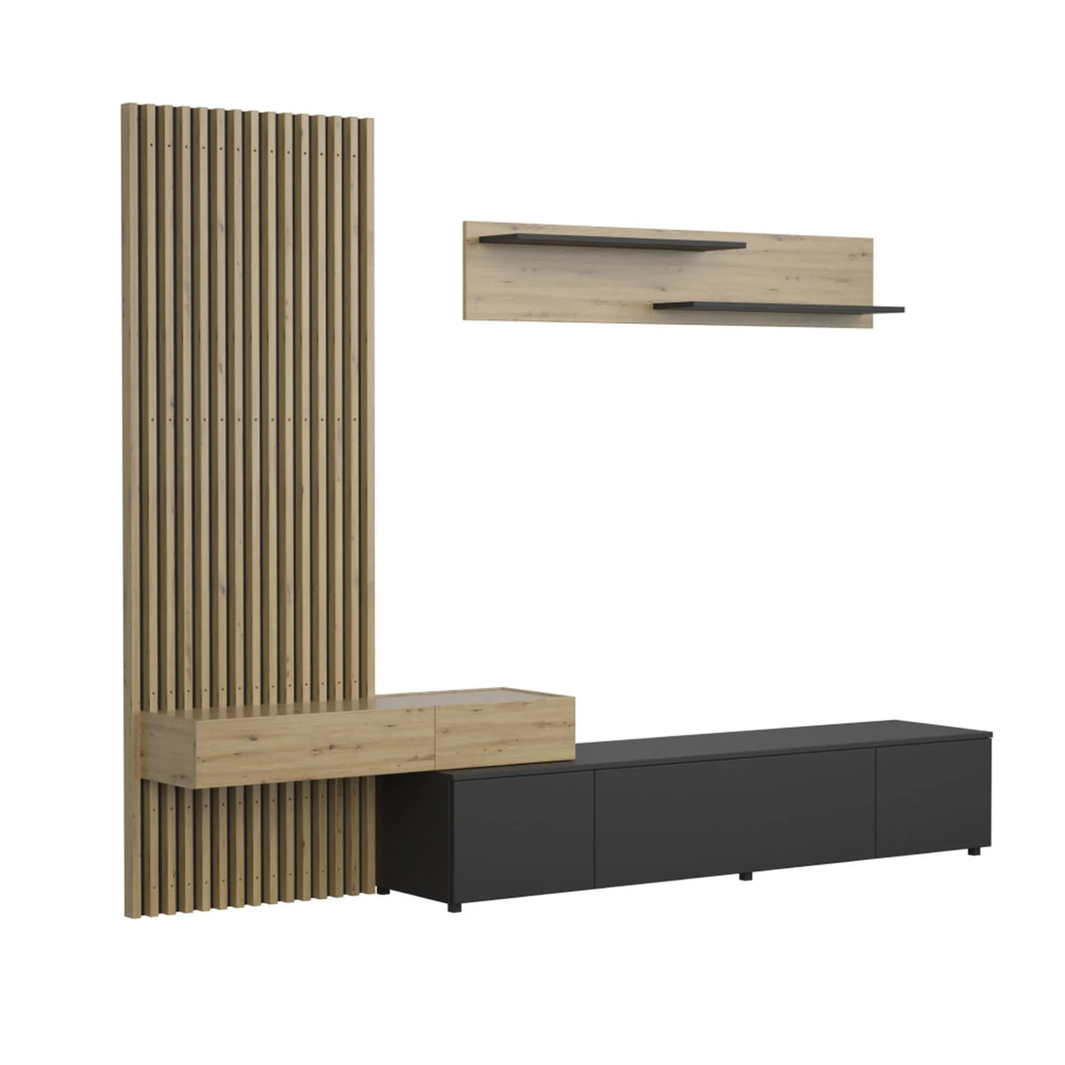Mobilier living REBEKA, stejar artisan/negru, PAL melaminat, 4 piese, 250x42x200 cm