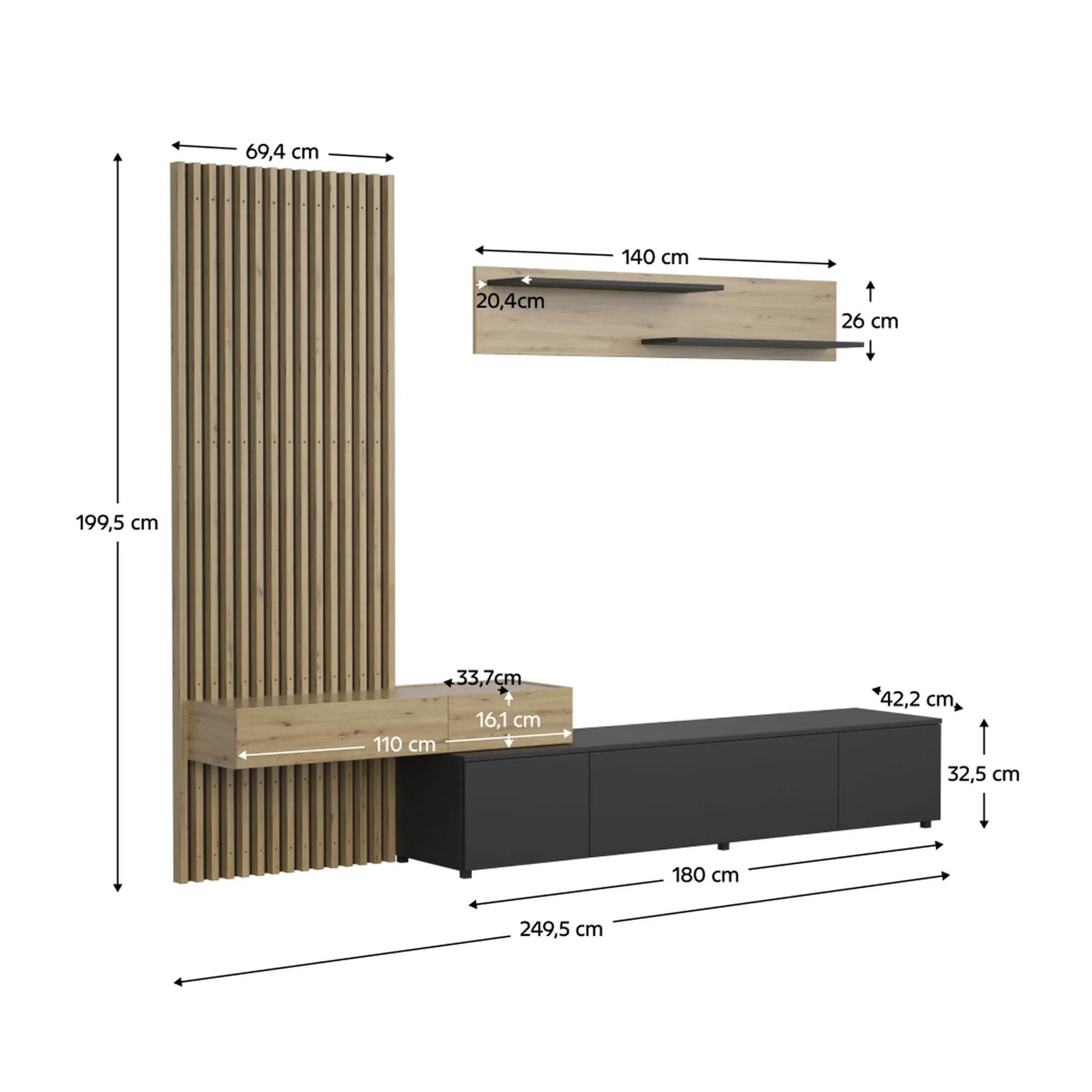 Mobilier living REBEKA, stejar artisan/negru, PAL melaminat, 4 piese, 250x42x200 cm
