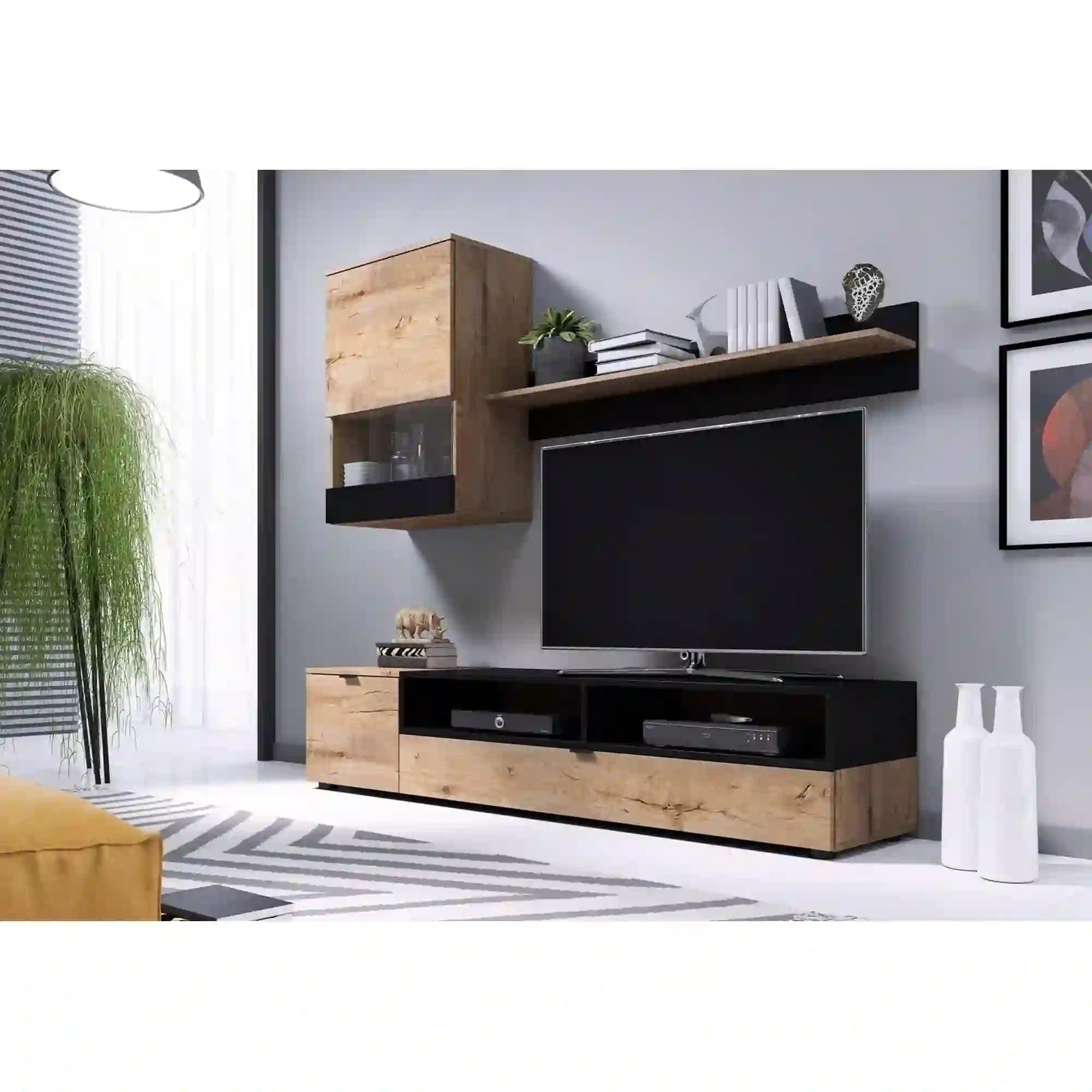 Mobilier living SNAP, stejar lefkas/negru mat, PAL, 3 piese, 175x39x180 cm