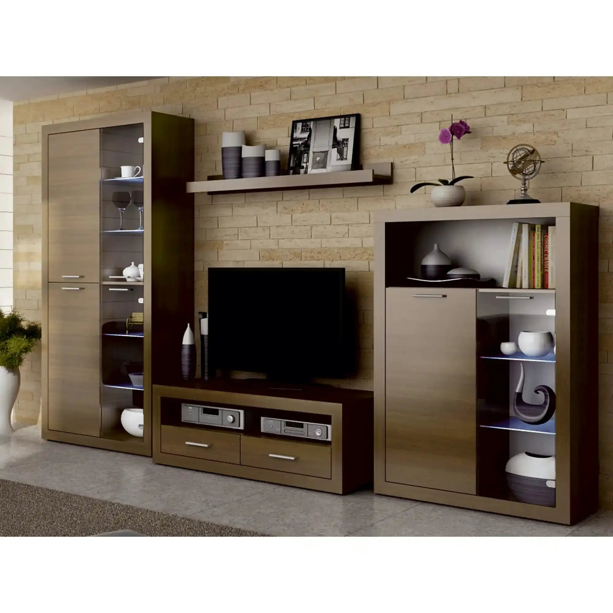 Mobilier living TOGO 2, nuc, PAL melaminat, cu iluminare LED, 4 piese, 304x49x194 cm