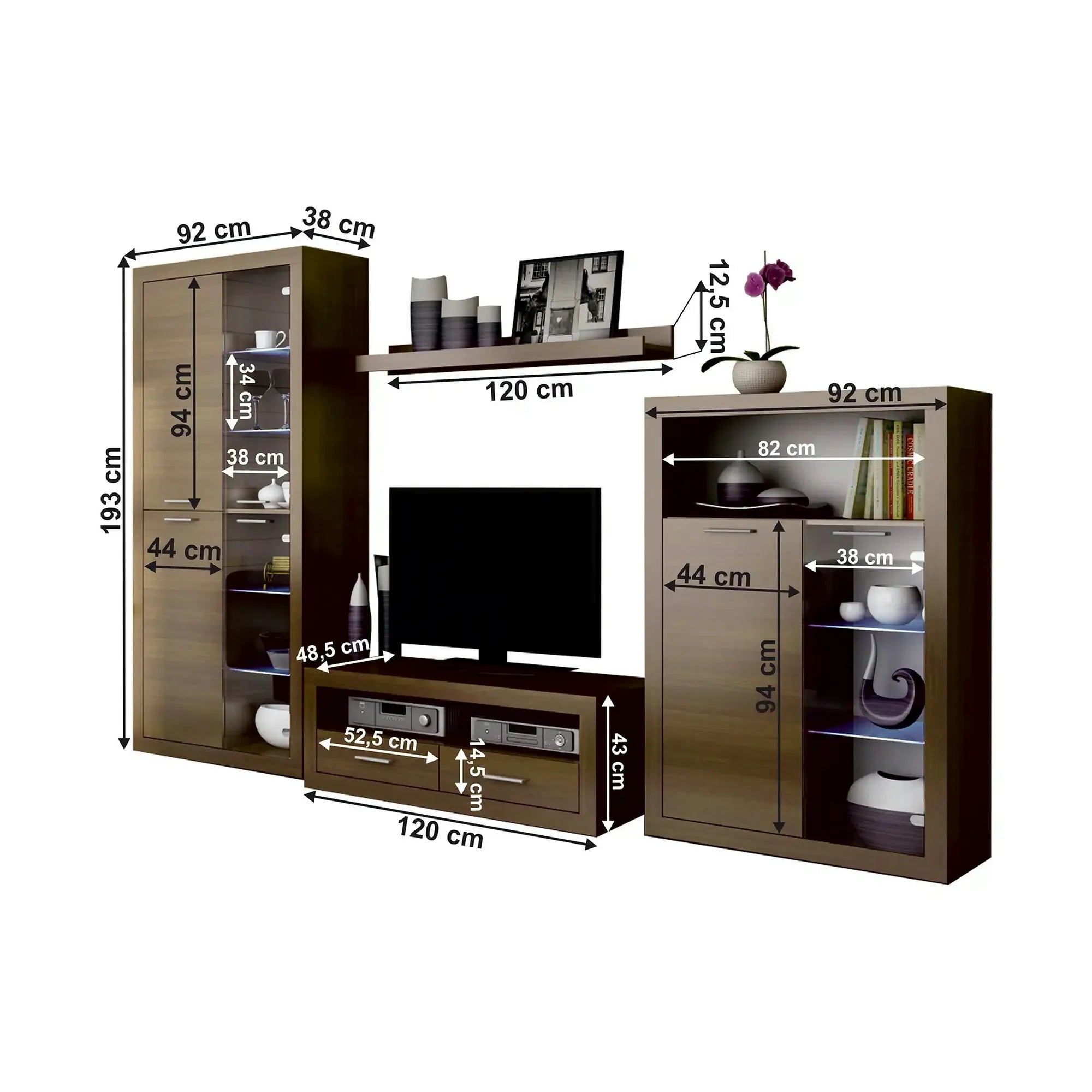 Mobilier living TOGO 2, nuc, PAL melaminat, cu iluminare LED, 4 piese, 304x49x194 cm