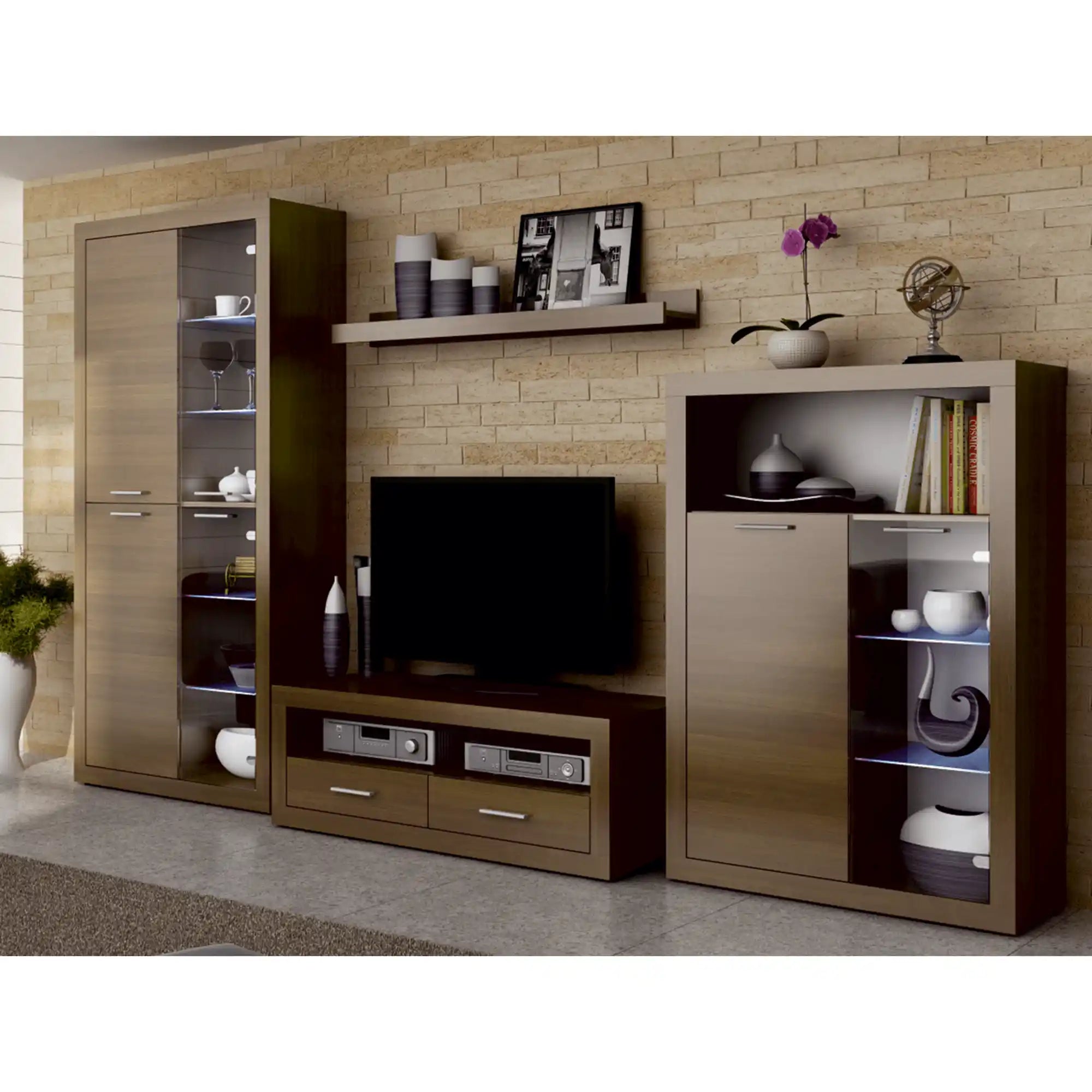 Mobilier living TOGO 2, nuc, PAL melaminat, cu iluminare LED, 4 piese, 304x49x194 cm