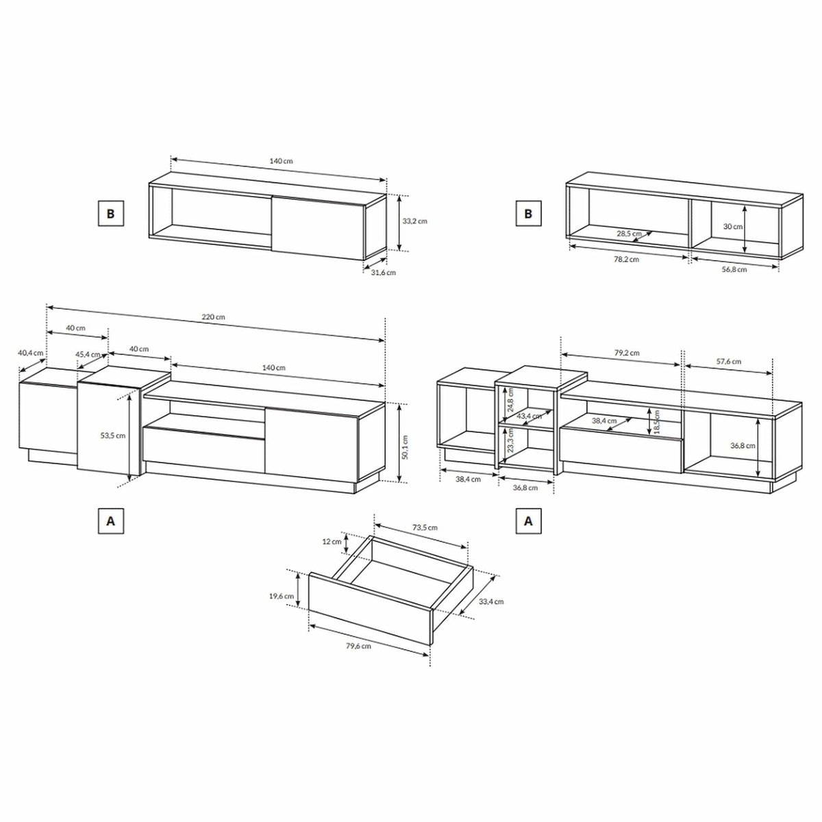 Mobilier living TRIO, alb/stejar auriu, PAL laminat, 4 piese, 220x45x180 cm
