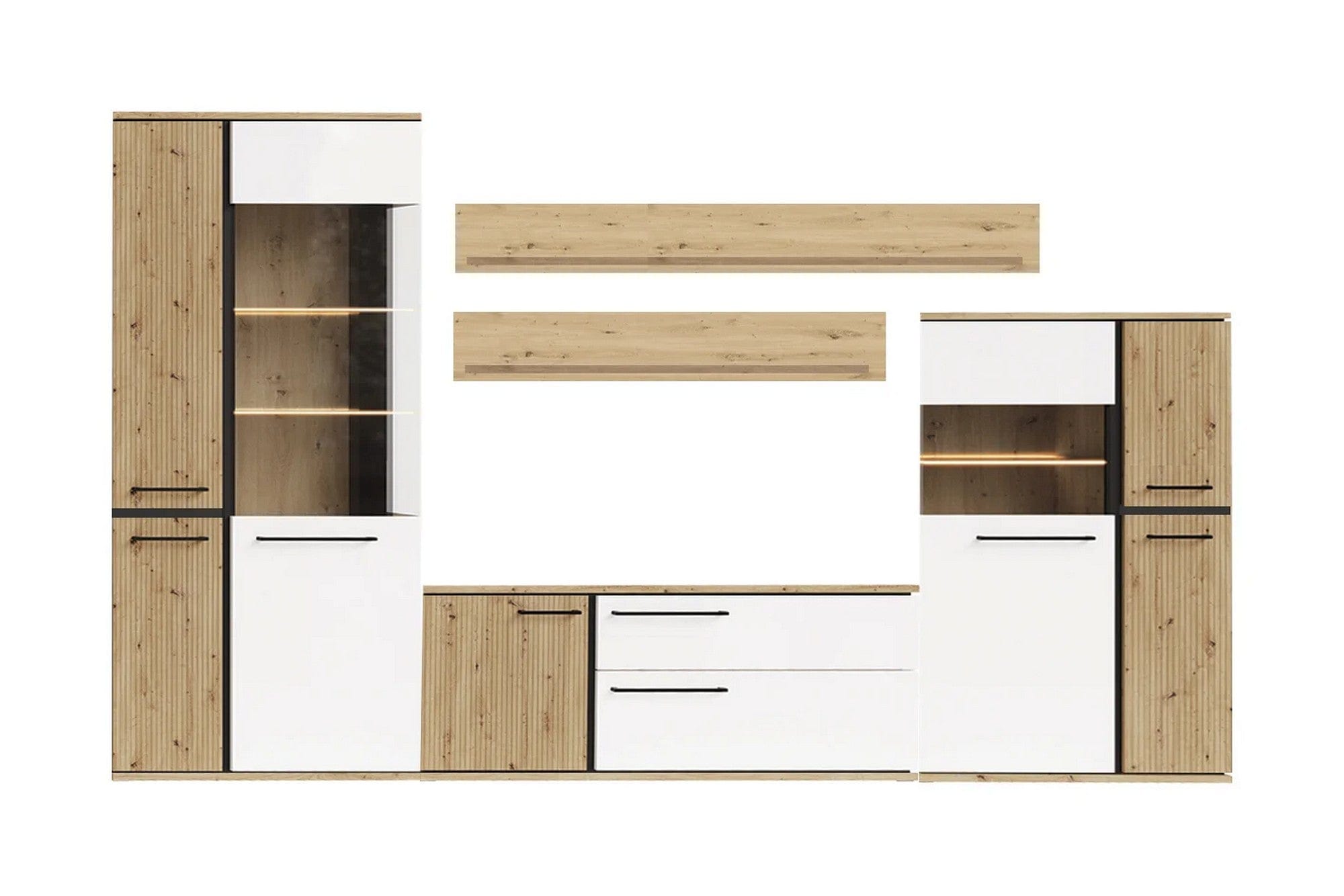 Mobilier MOLTO A, stejar artisan/alb lucios, PAL/sticla, cu iluminare LED, 5 piese, 336x37x195 cm