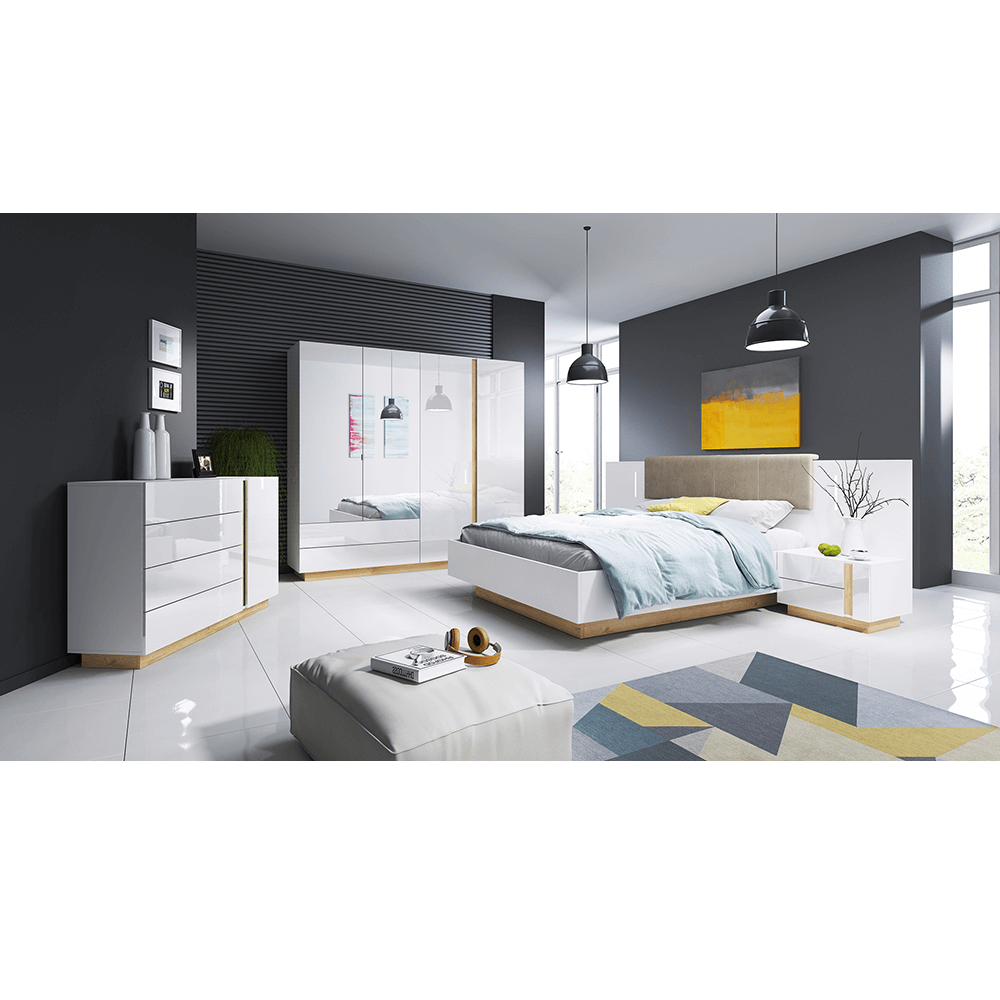 Cadru pat CITY 160x200, alb/stejar grandson, stofa/DTD/metal