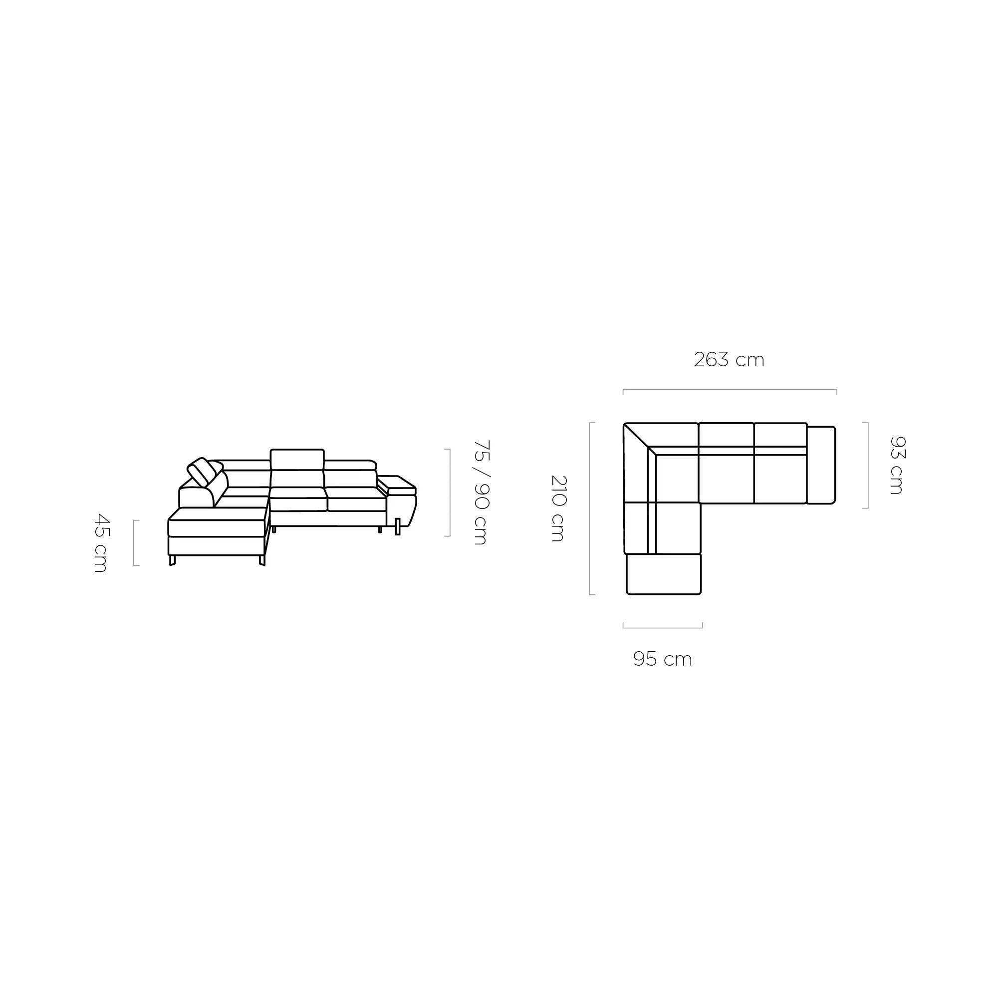 Coltar extensibil MOLINA L, personalizabil materiale gama Premium, cu lada depozitare si tetiere reglabile, 263x210x90 cm