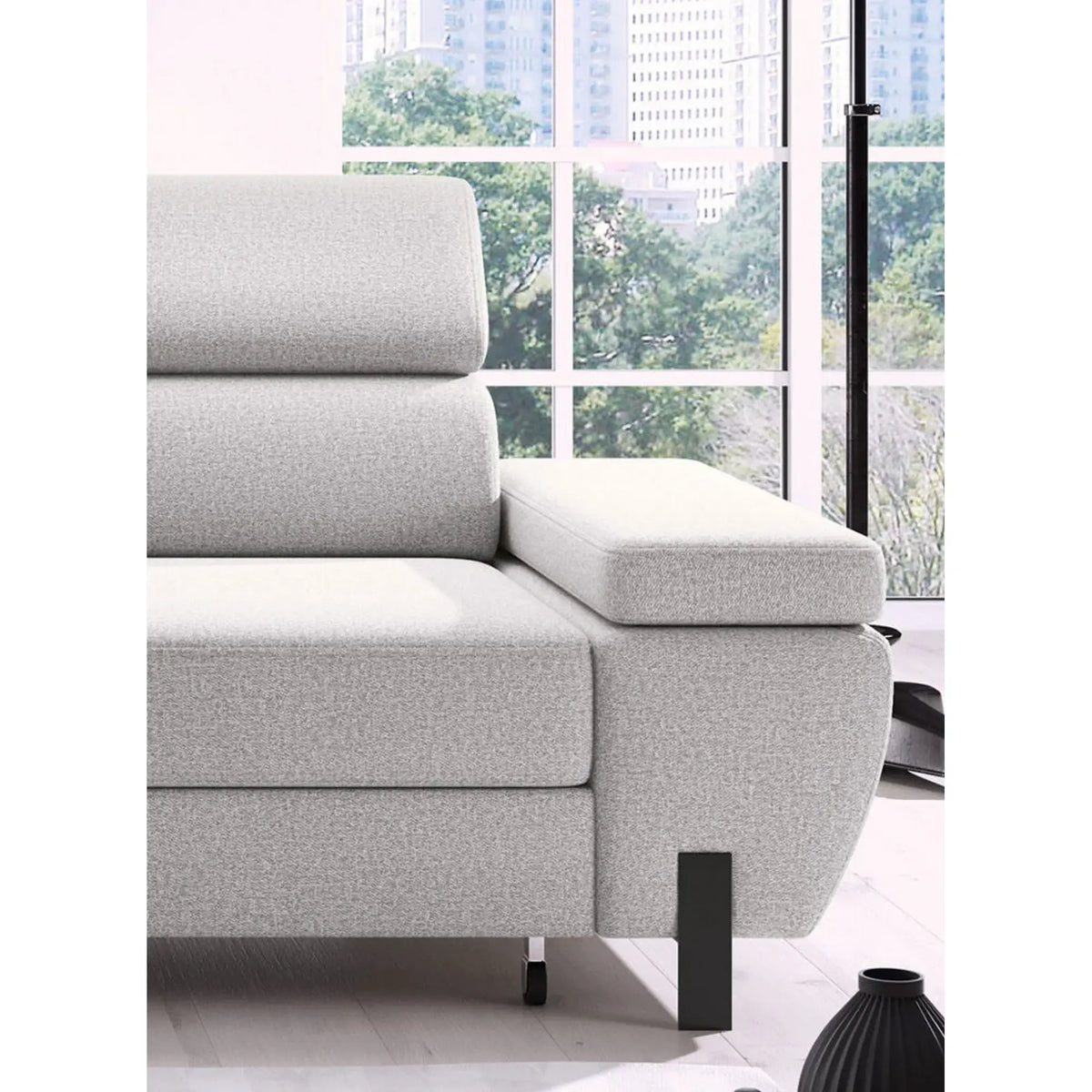 Coltar extensibil MOLINA MINI, sezlong stanga, stofa catifelata verde menta - Salvador 12, Gama Premium, cu lada depozitare si tetiere reglabile, 277x189x90 cm