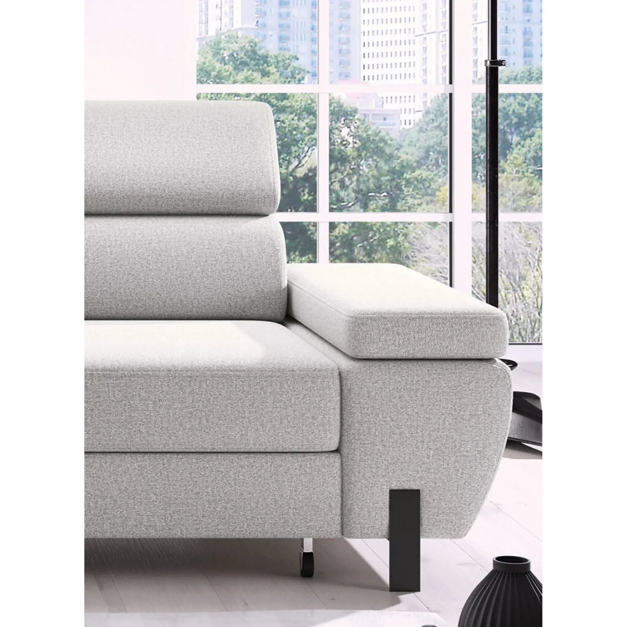 Coltar extensibil MOLINA MINI, sezlong stanga, stofa catifelata verde menta - Salvador 12, Gama Premium, cu lada depozitare si tetiere reglabile, 277x189x90 cm