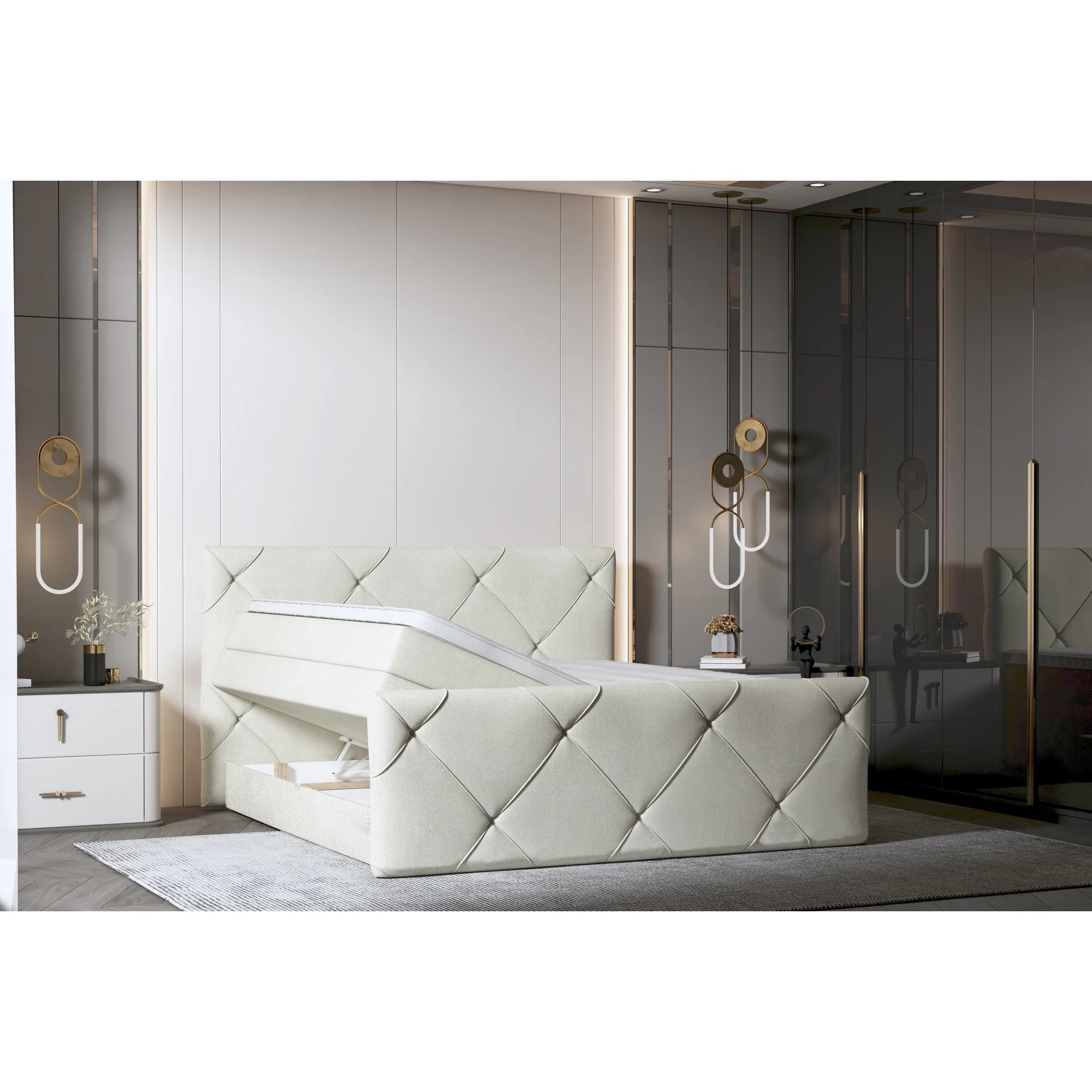Pat boxspring MOSSA 160x200, personalizabil materiale gama Oferta Avantaj, cu saltele, topper si lada pentru depozitare