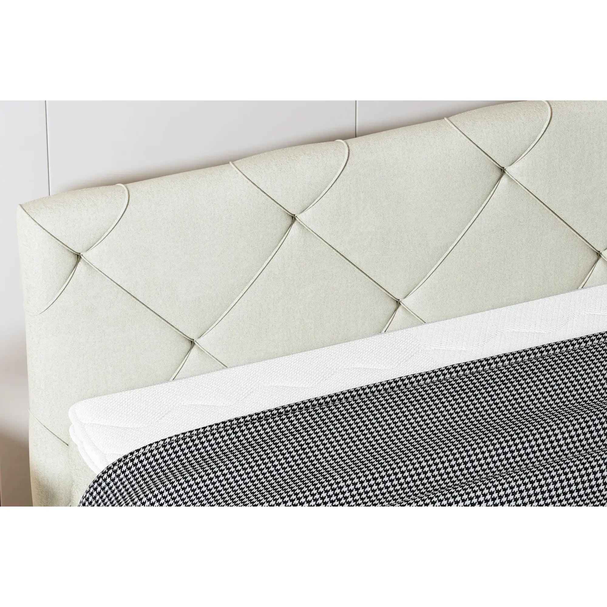 Pat boxspring MOSSA 140x200, personalizabil materiale gama Oferta Avantaj, cu saltele, topper si lada pentru depozitare
