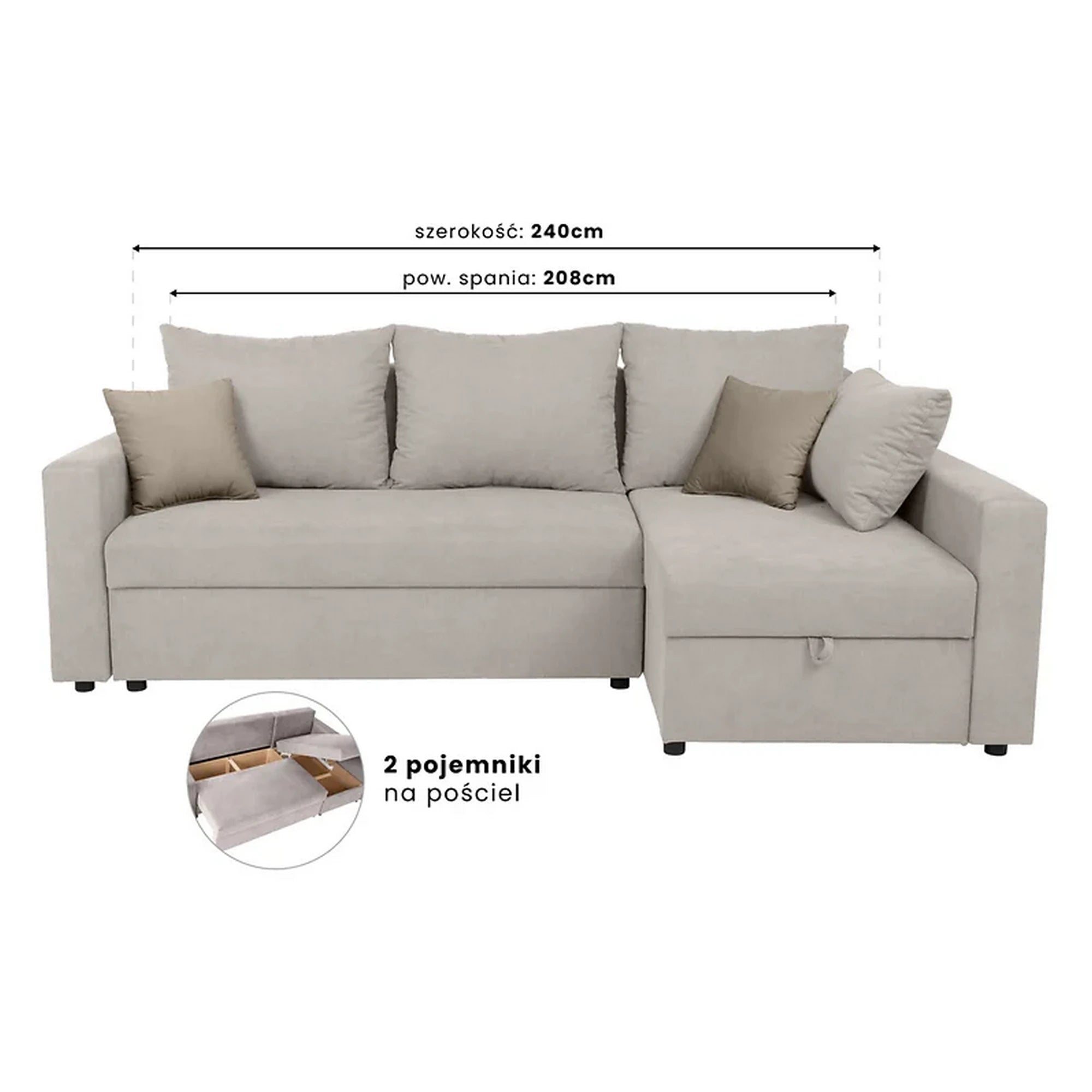 Coltar extensibil PREZEMEK IV, universal, stofa clasica bej, cu lada depozitare, 240x138x89 cm
