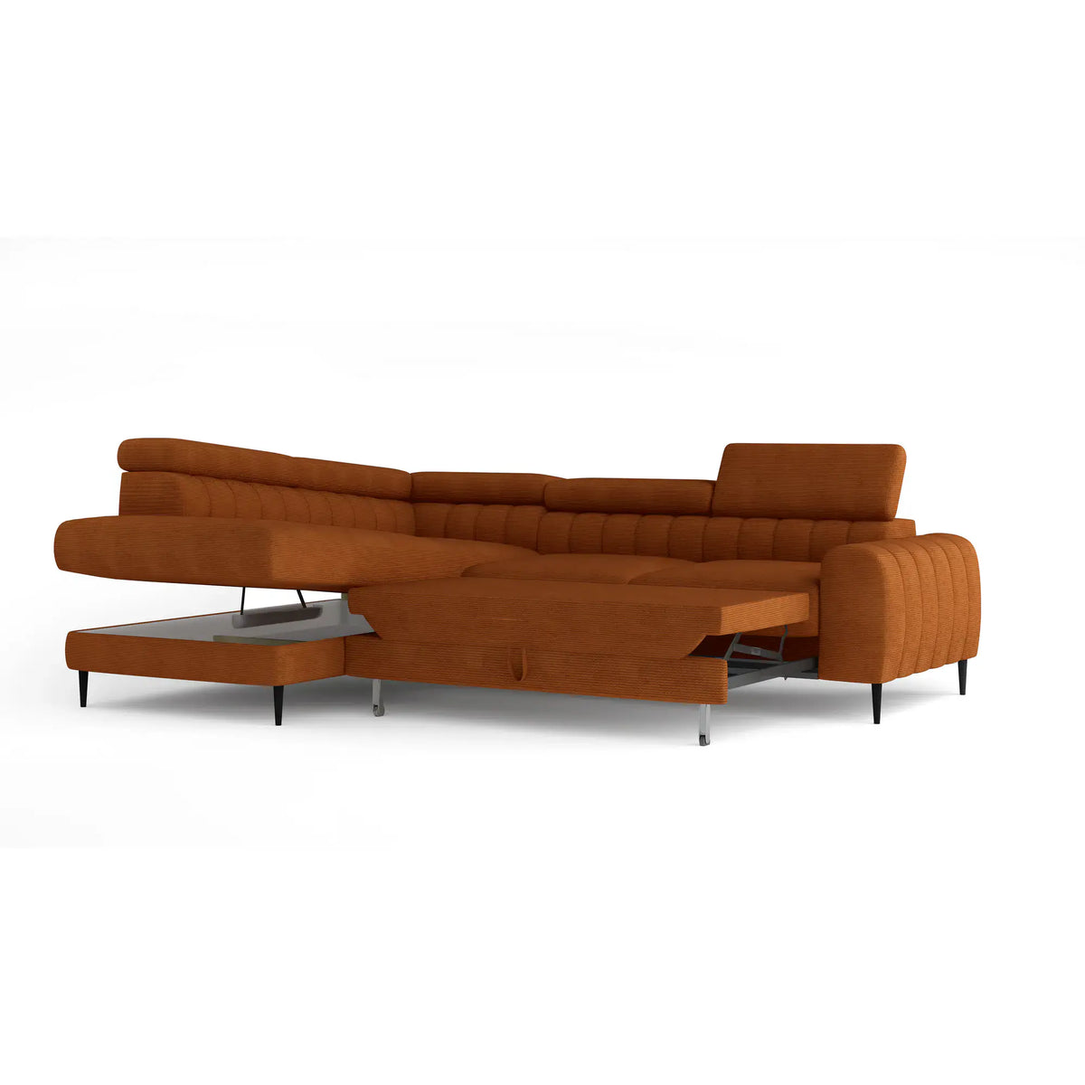 Coltar extensibil NAVAS L, sezlong stanga, stofa catifelata bej - Riviera 16, Gama Premium, cu lada depozitare si tetiere reglabile, 246x175x86 cm