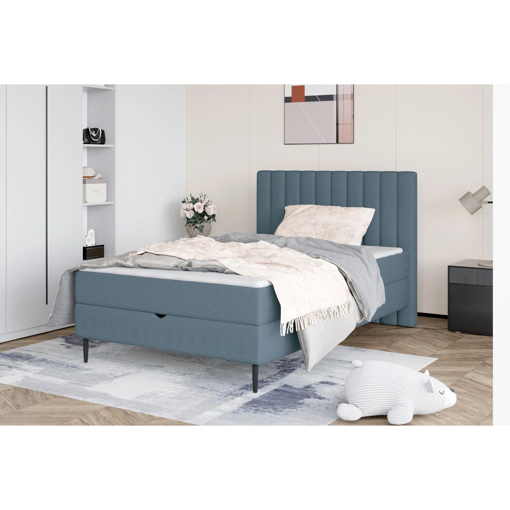 Pat NEPO 100x200, personalizabil materiale Gama Premium, cu spatiu depozitare, suport saltea, saltea, pistoane si topper