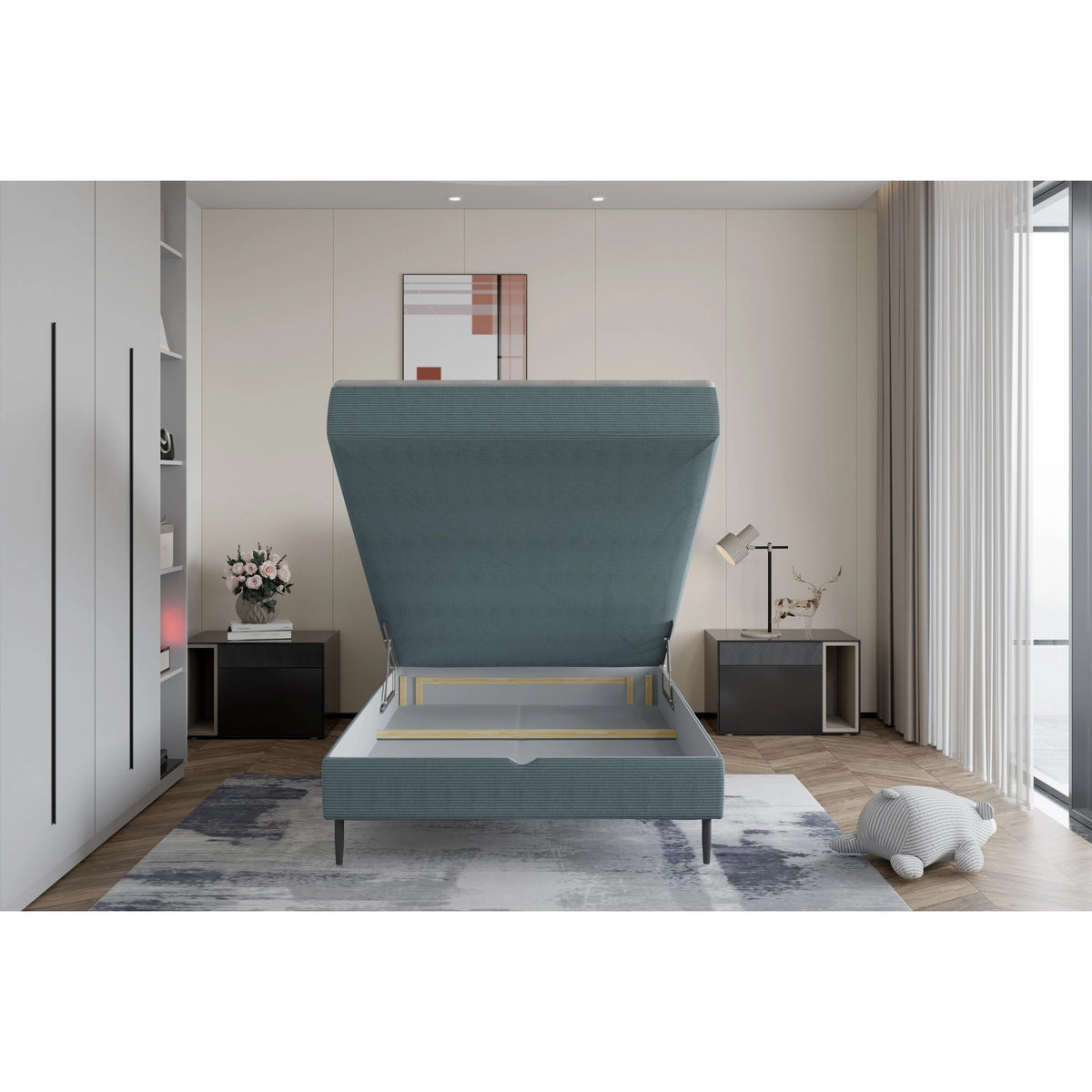 Pat NEPO 100x200, personalizabil materiale Gama Premium, cu spatiu depozitare, suport saltea, saltea, pistoane si topper
