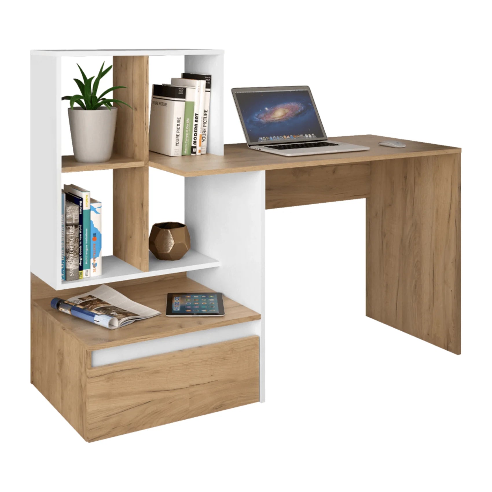 Birou NEREO NEW, stejar artisan/alb, DTD laminat, 145x52x112 cm