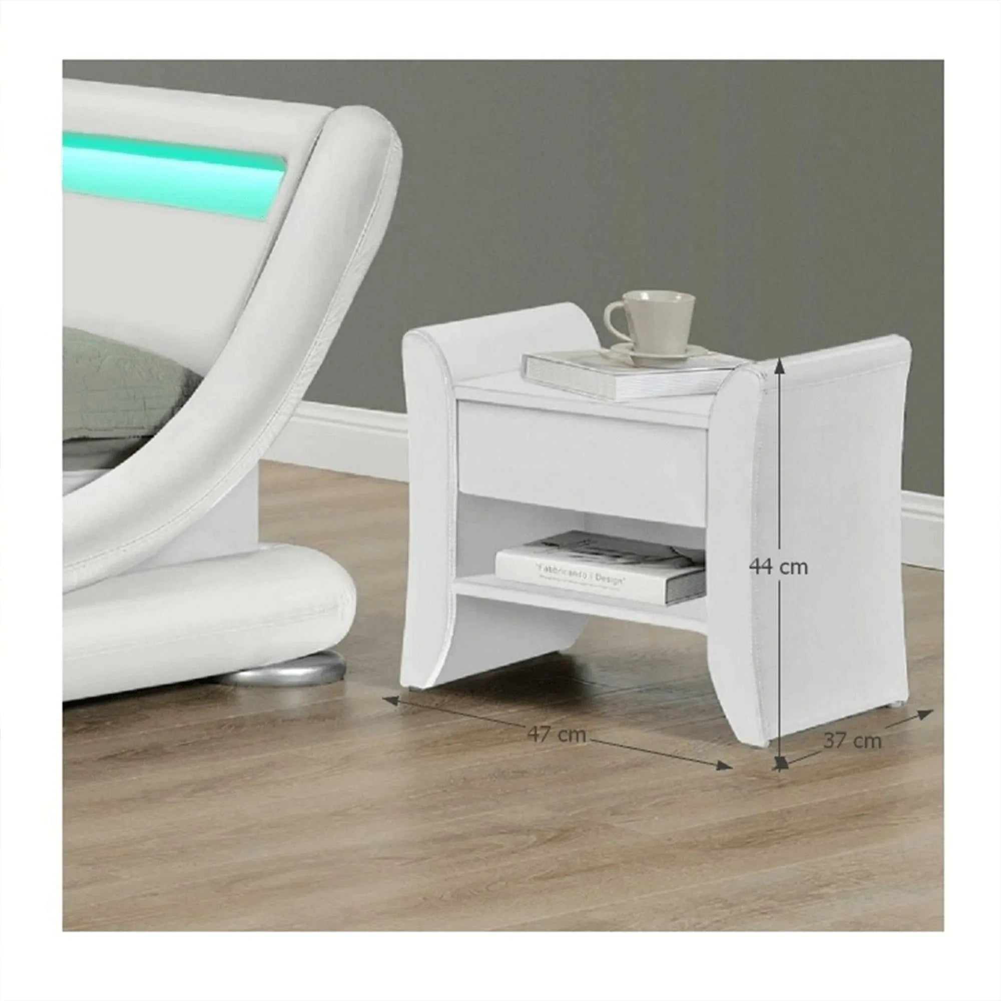 Noptiera BOLTON, alb, piele ecologica/lemn, 47x37x44 cm