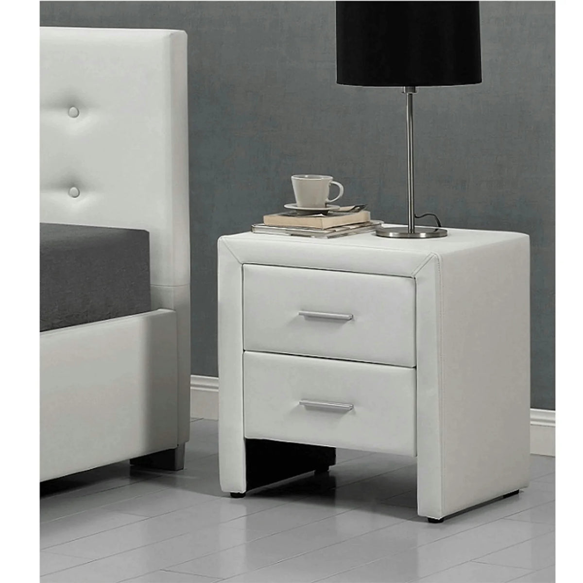 Noptiera CASTEL, alb, piele ecologica, 48x42x55 cm