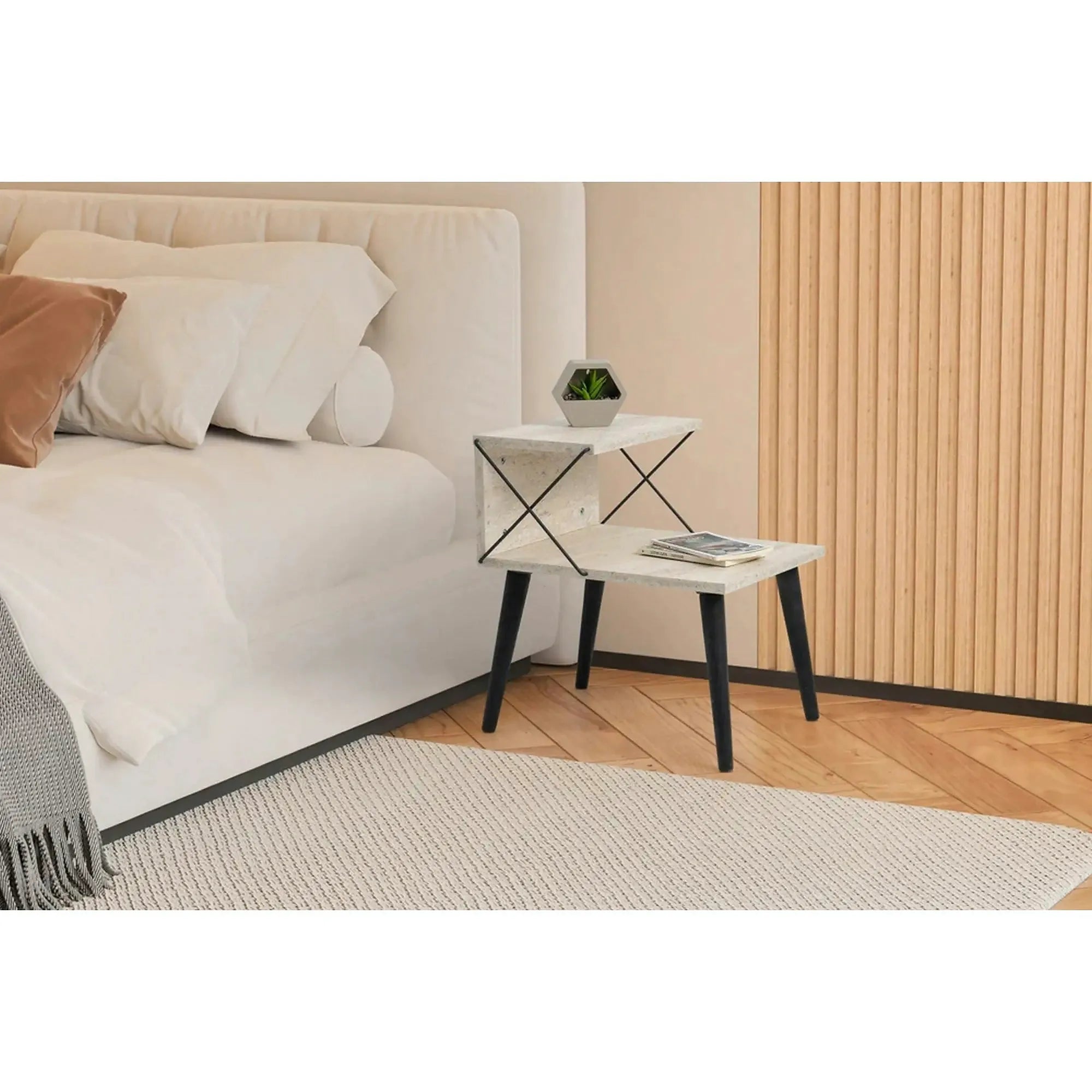 Noptiera CROSS, bej cu efect de marmura/negru, PAL melaminat/lemn de fag, 50x40x55 cm