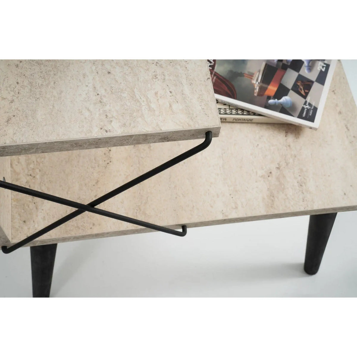 Noptiera CROSS, bej cu efect de marmura/negru, PAL melaminat/lemn de fag, 50x40x55 cm