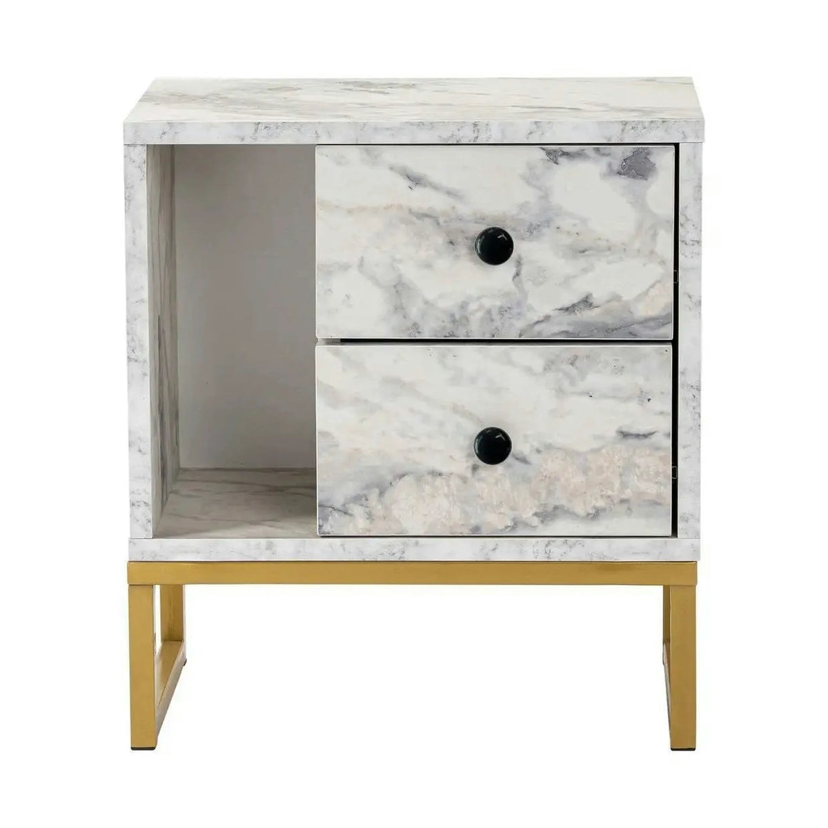 Noptiera GLIMMER, alb cu efect de marmura/auriu, PAL/metal, 46x30x50 cm