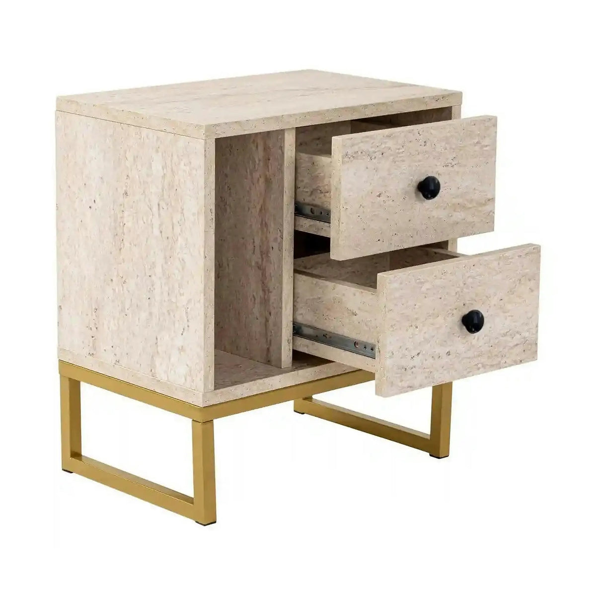 Noptiera GLIMMER, bej cu efect de piatra travertin/auriu, PAL/metal, 46x30x50 cm