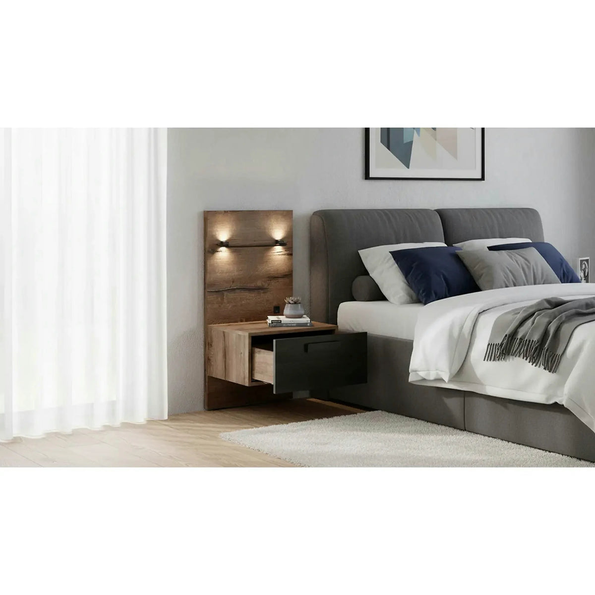 Noptiera KASSEL, nuc/negru, PAL, pe partea dreapta, 51x46x96 cm