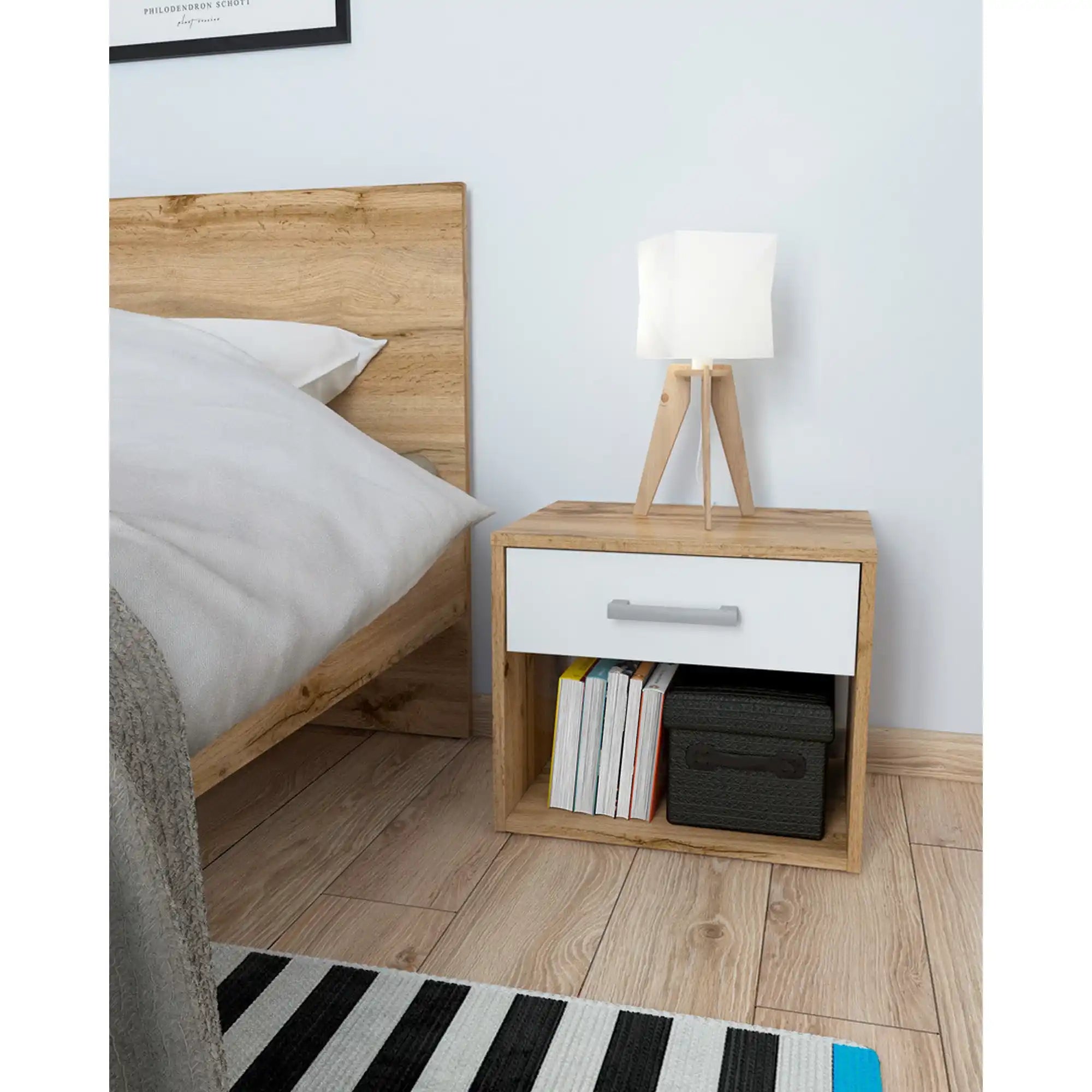 Noptiera MATOS, stejar wotan/alb, PAL laminat, 45x34x39 cm