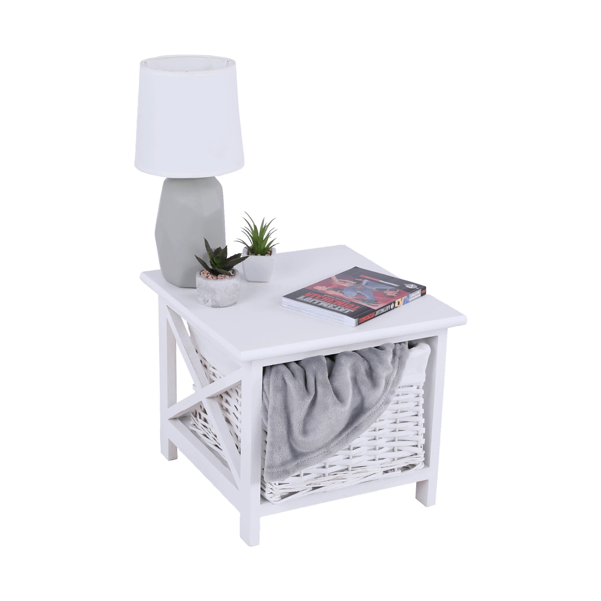 Noptiera RAFAELLO, alb, lemn/material textil/rachita, 36x37x30 cm