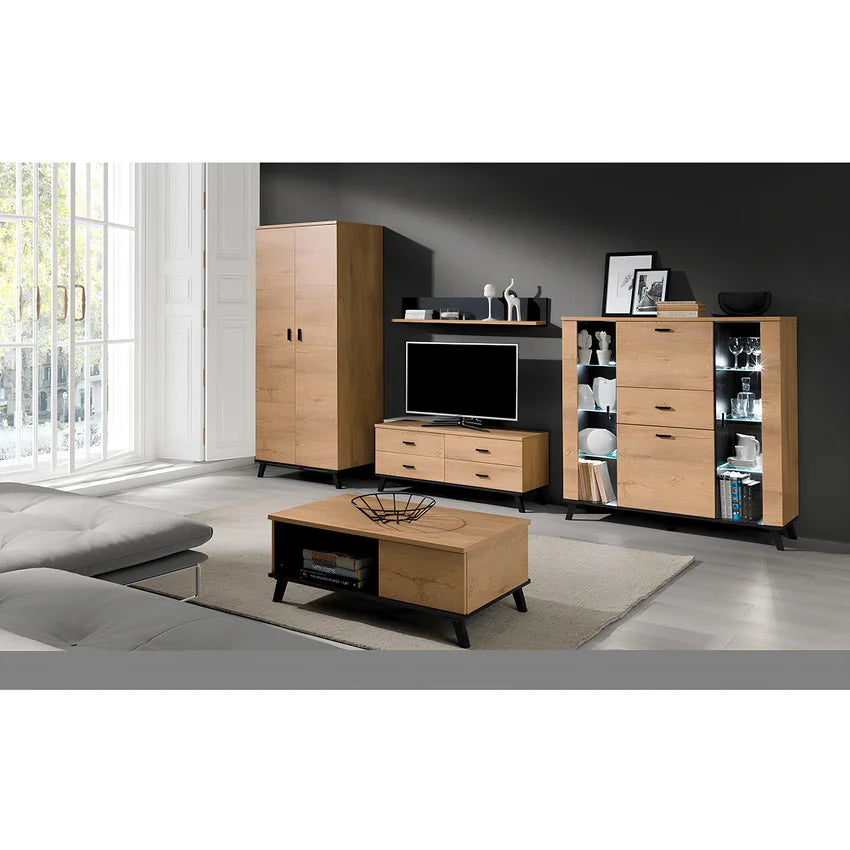 Comoda SIRAN TYP 3, stejar lefkas/negru, DTD laminat/plastic, cu iluminare LED, 131x40x131 cm