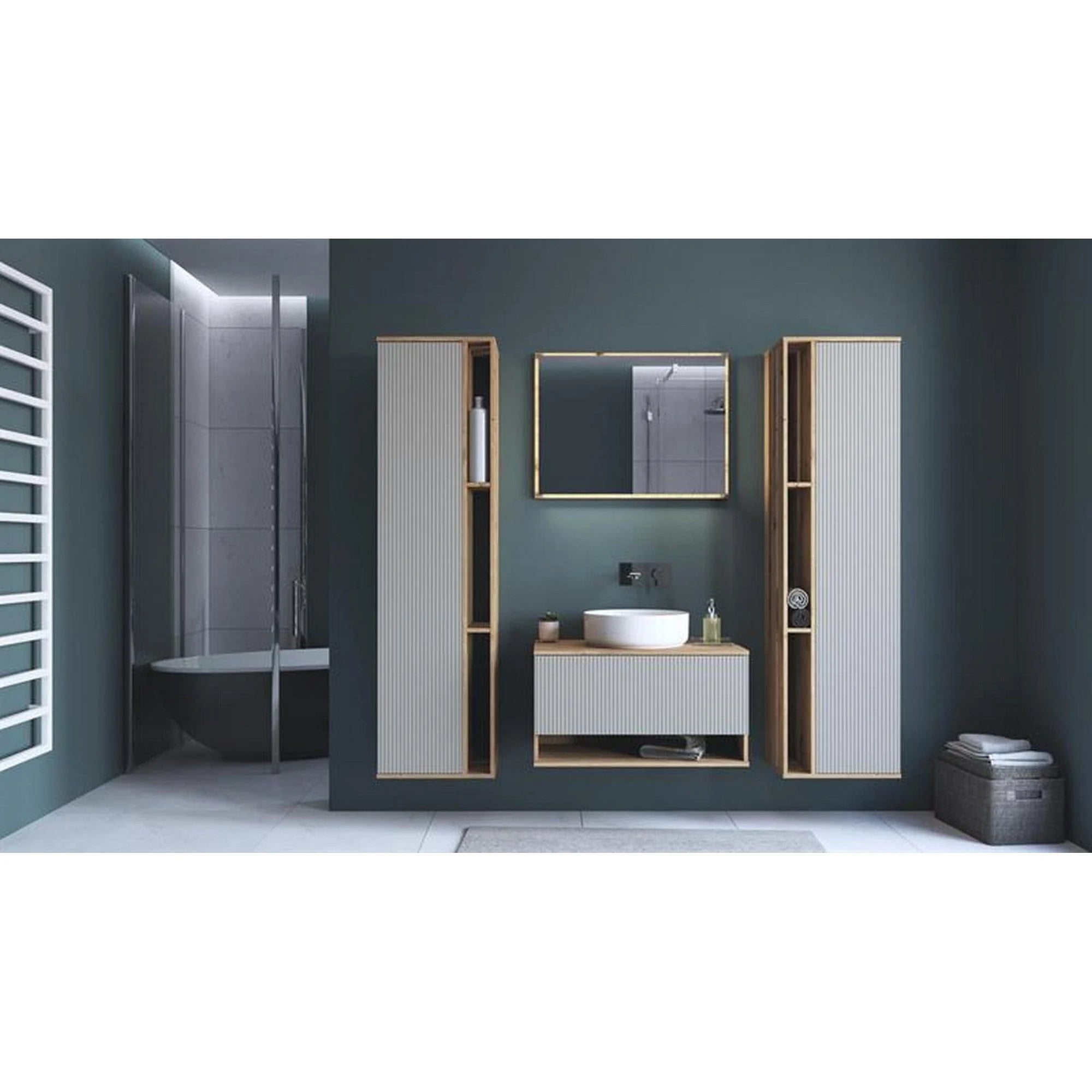 Oglinda de baie AVIOLA, stejar artisan, PAL laminat/sticla, cu iluminare led, 60x60 cm