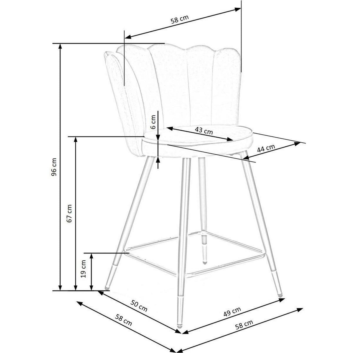 Scaun bar H106, gri/negru, stofa catifelata/otel, 55x58x96 cm