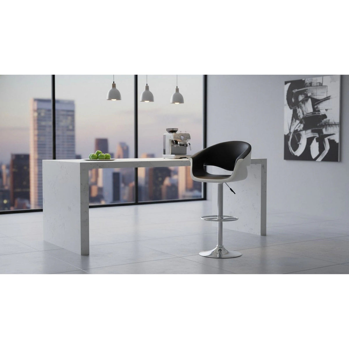 Scaun bar H46, negru/alb/crom, piele ecologica/otel, 60x46x93/115 cm