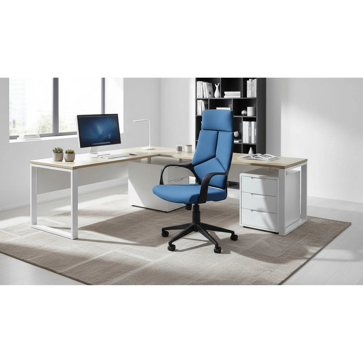 Scaun de birou VOYAGER, albastru/negru, stofa, 64x61x115/125 cm