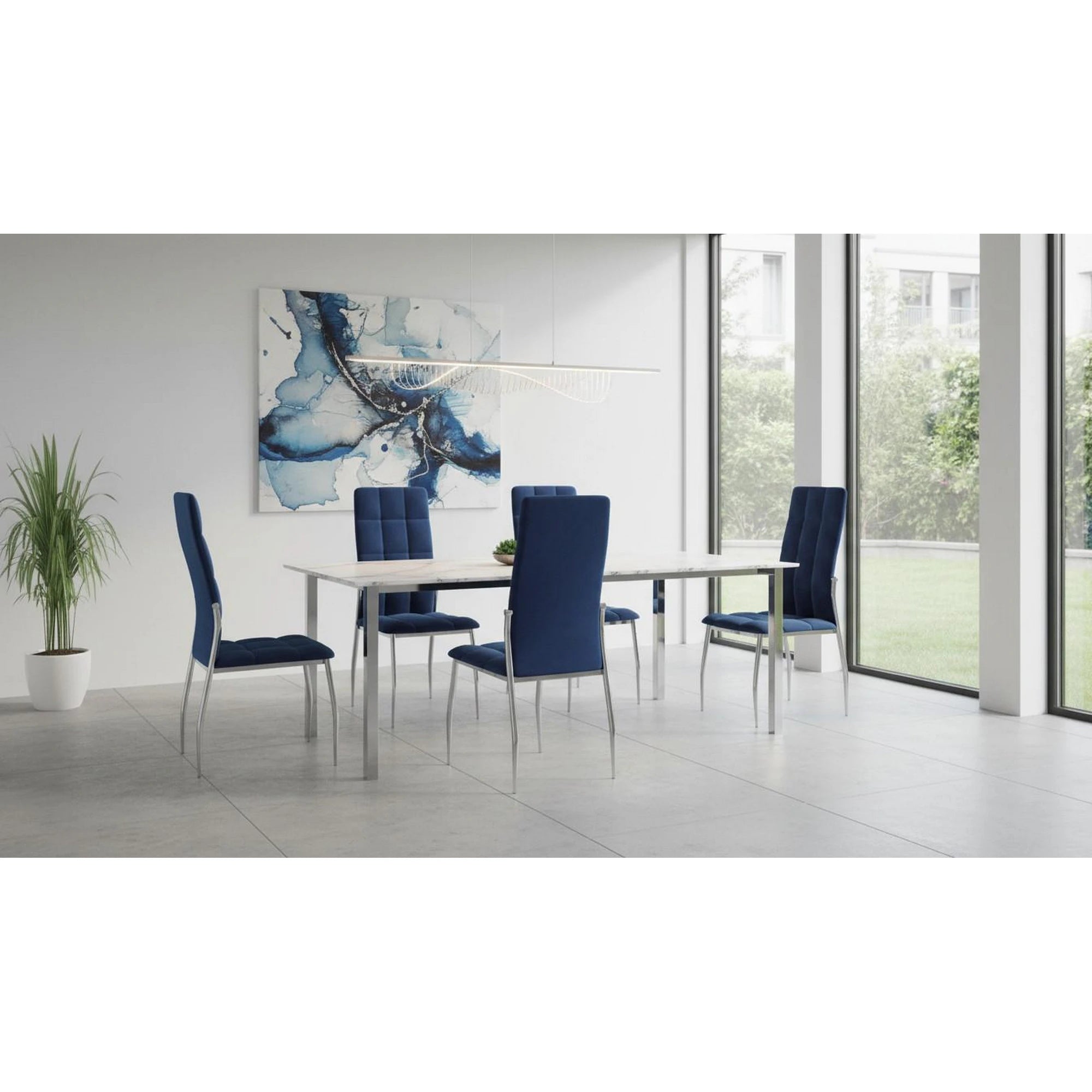 Scaun tapitat K416, albastru/negru, stofa catifelata/metal, 43x54x101 cm