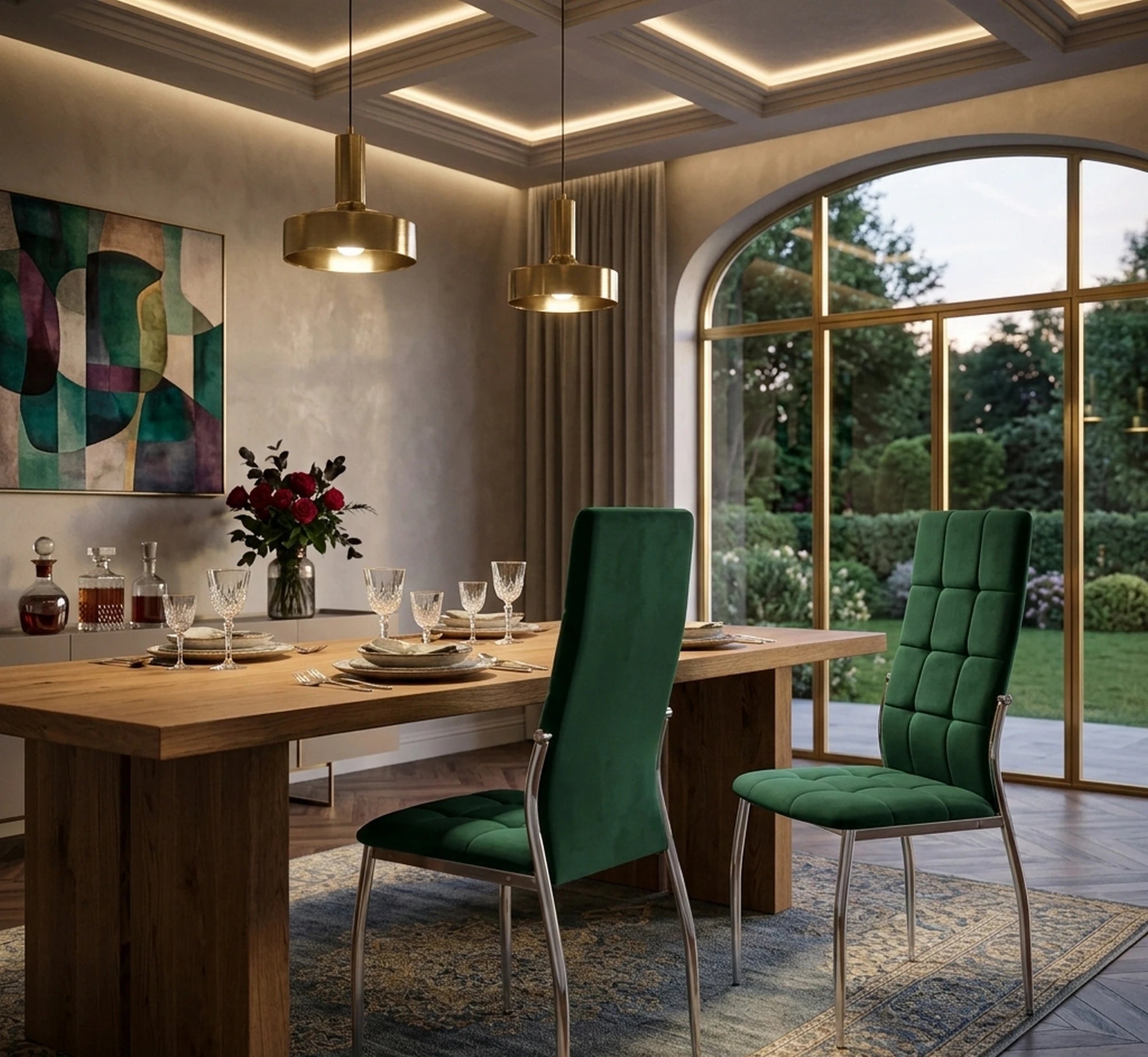 Scaun tapitat K416, verde inchis/crom, stofa catifelata/metal, 43x54x101 cm