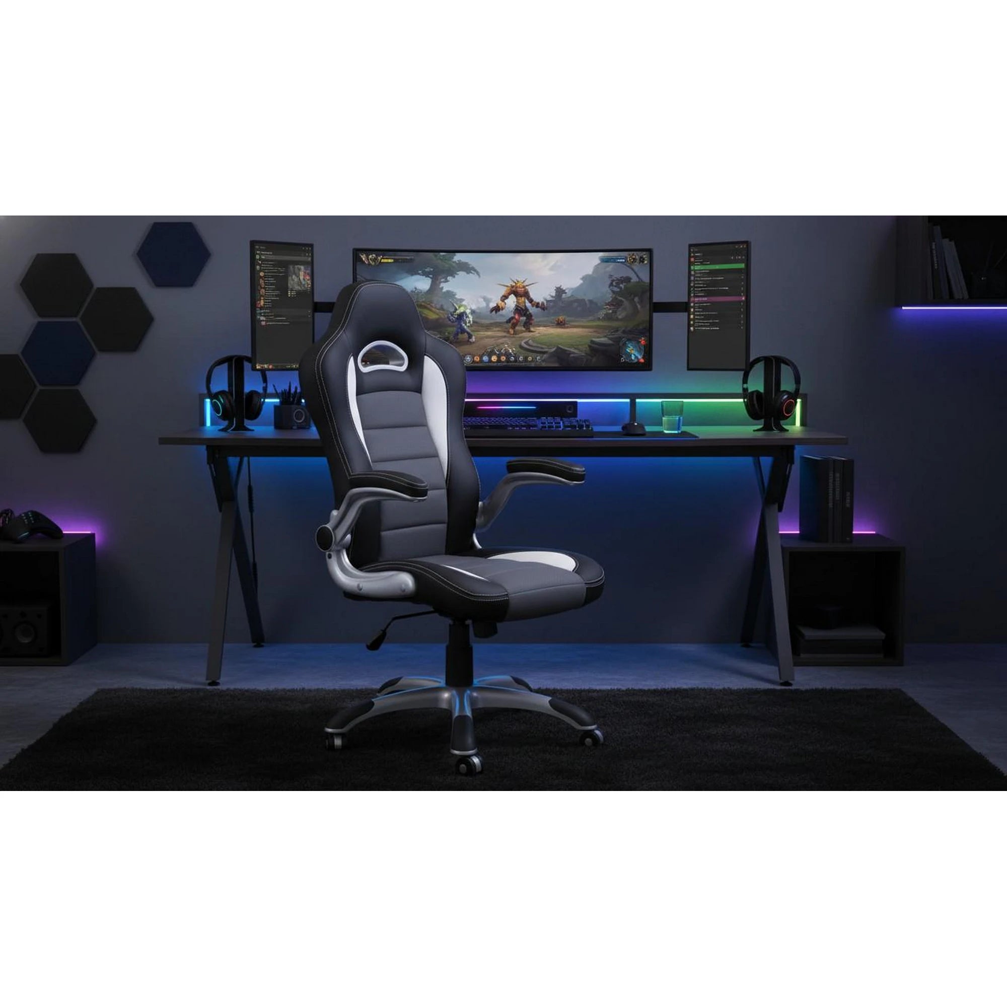 Scaun gaming LOTUS, negru/gri, piele ecologica perforata, 63x65x117/127 cm