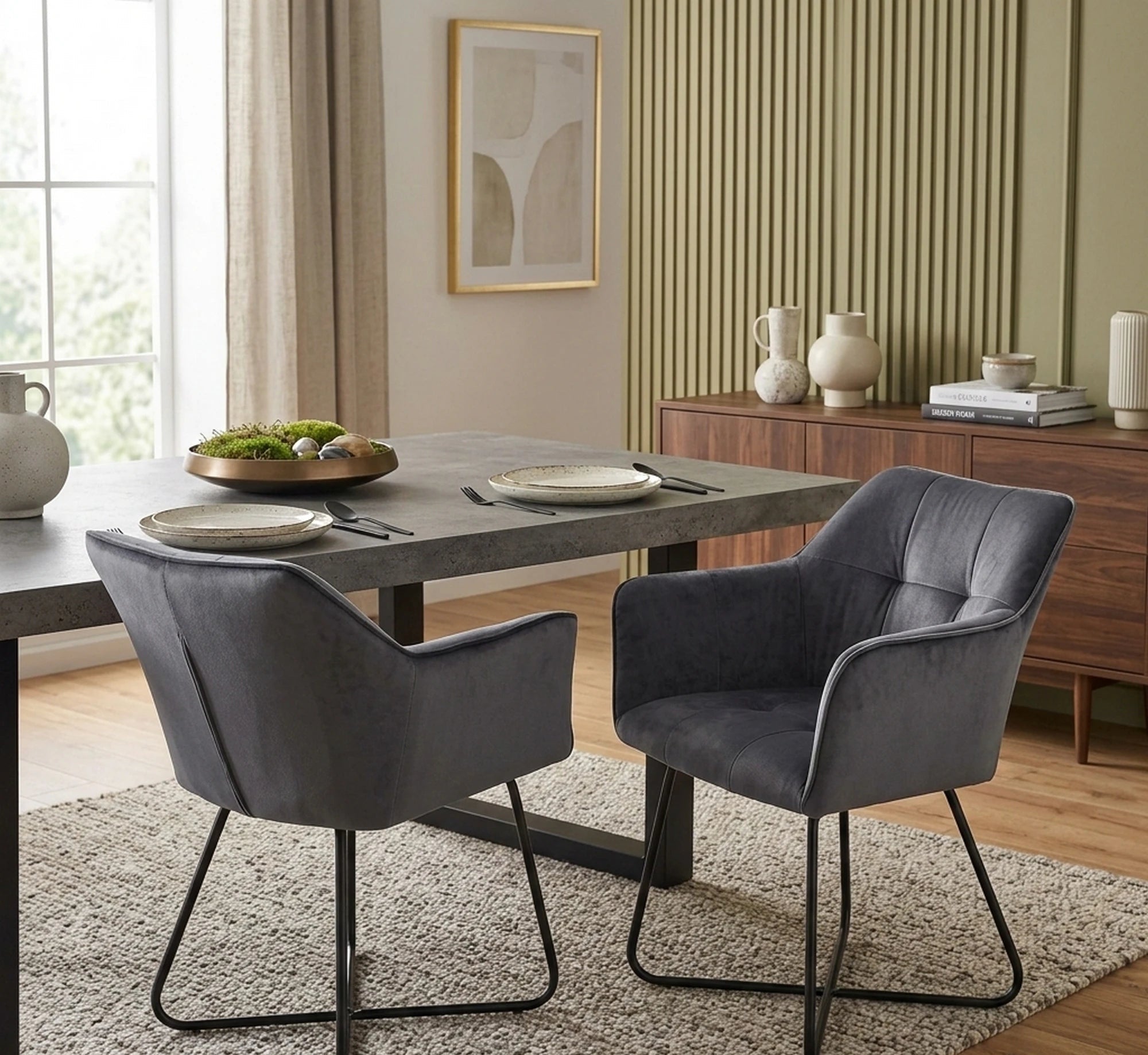 Scaun tapitat K377, gri inchis/negru, stofa catifelata/metal, 60x62x81 cm