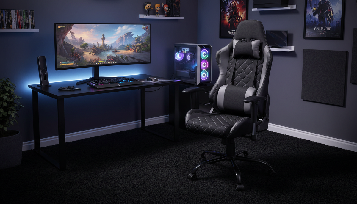 Scaun gaming DRAKE, negru/gri, stofa, 69x62x127/134 cm
