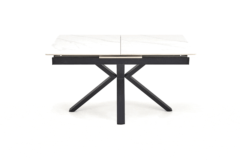 Masa extensibila PLATAN, alb cu efect de marmura/negru, piatra sinterizata/otel, 140/180x85x76 cm